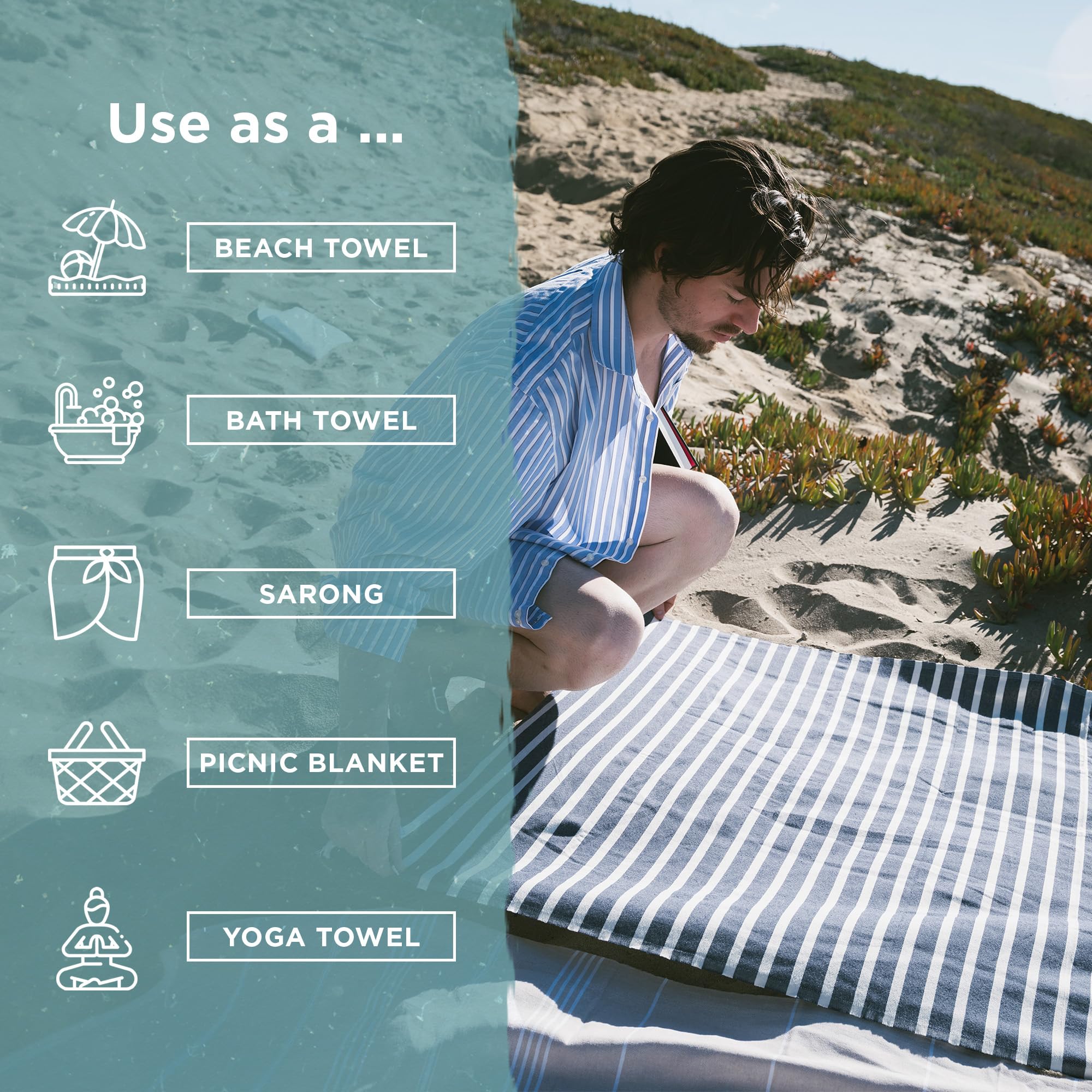 Cape Comforts Large Turkish Beach Towel, Striped Navy & Natural - 37'' X 67'' - Super Soft & Lightweight - Quick Dry Sand Free T