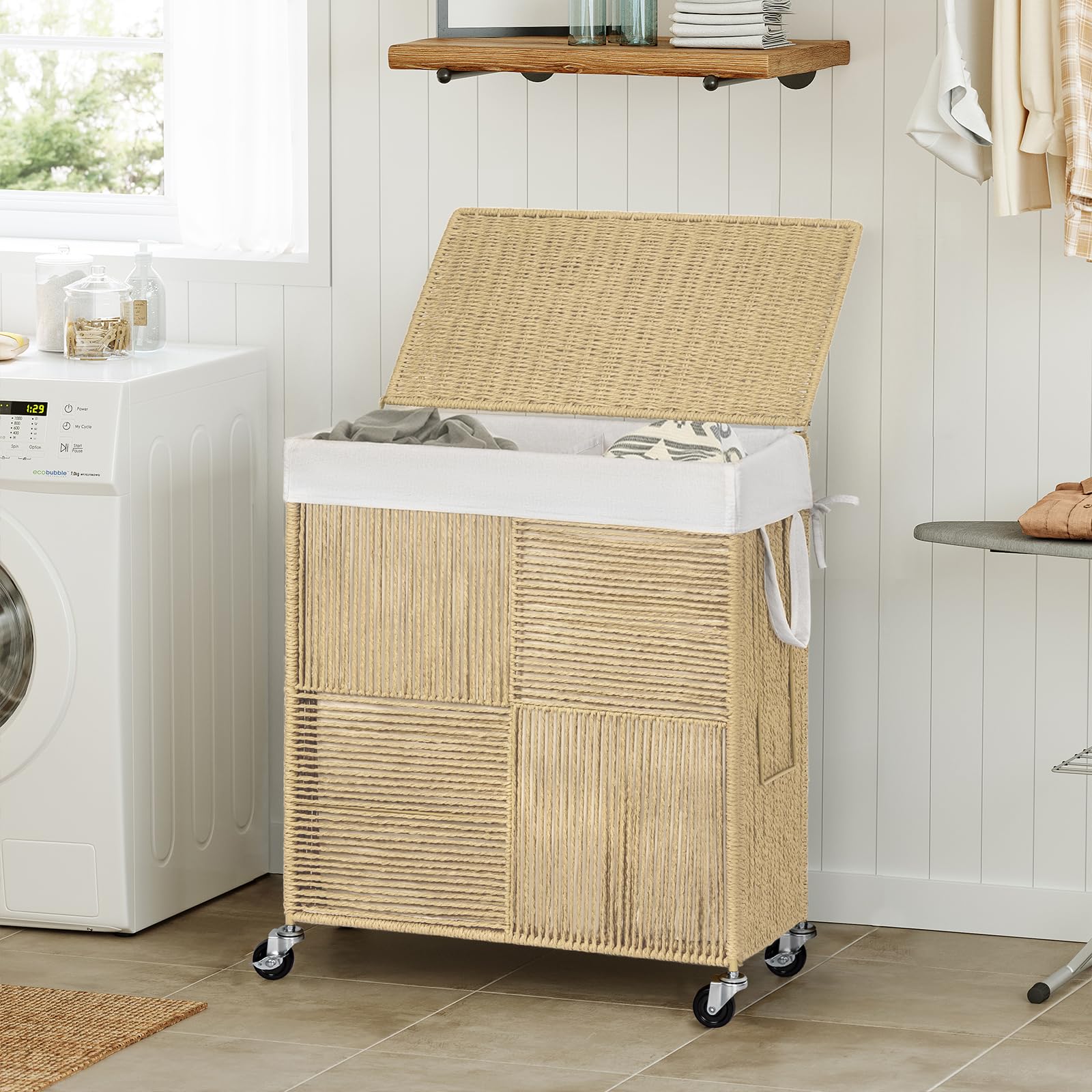 Wowlive Double Laundry Hamper With Lid, Handwoven Rolling Laundry Basket With Wheels, 115L Dirty Clothes Hamper With Removable L