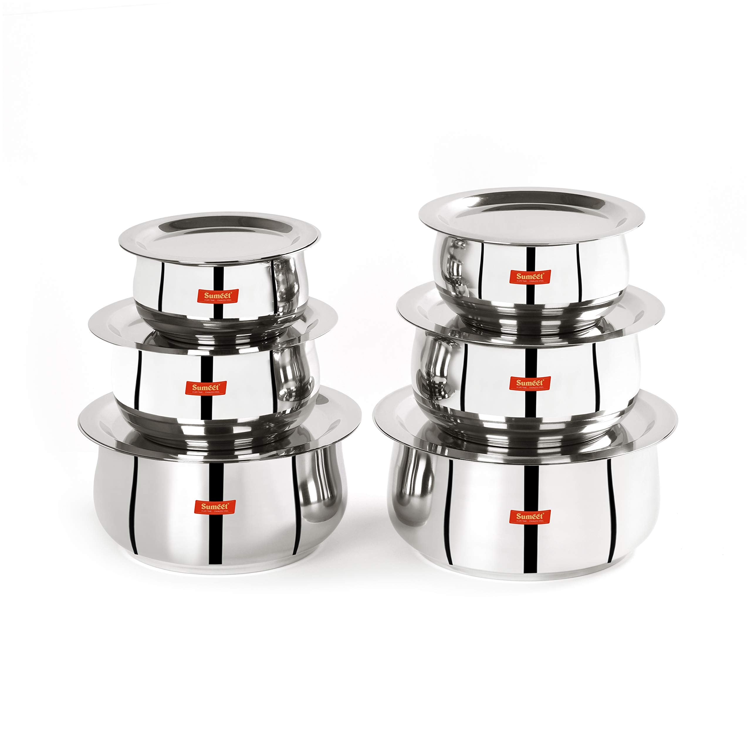 Sumeet Stainless Steel Belly Shape 6 Pc Tope/Cookware/Pot Set With Lid 380Ml, 500Ml, 780Ml, 1.1Ltr, 1.4Ltr, 1.75Ltr (Silver)