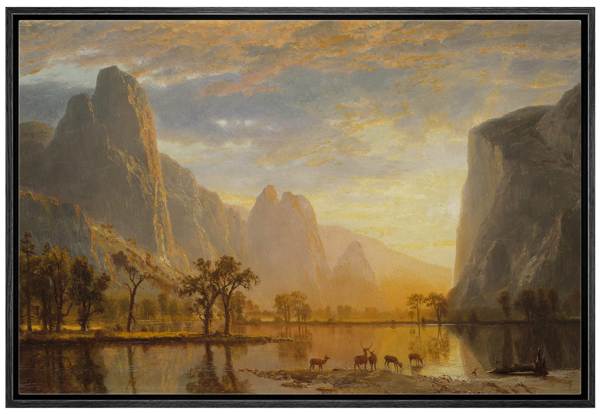 Wall26 Framed Canvas Print Wall Art Golden Hour Over Mountain Landscape & Deer Nature Wilderness Illustrations Modern Art Rustic