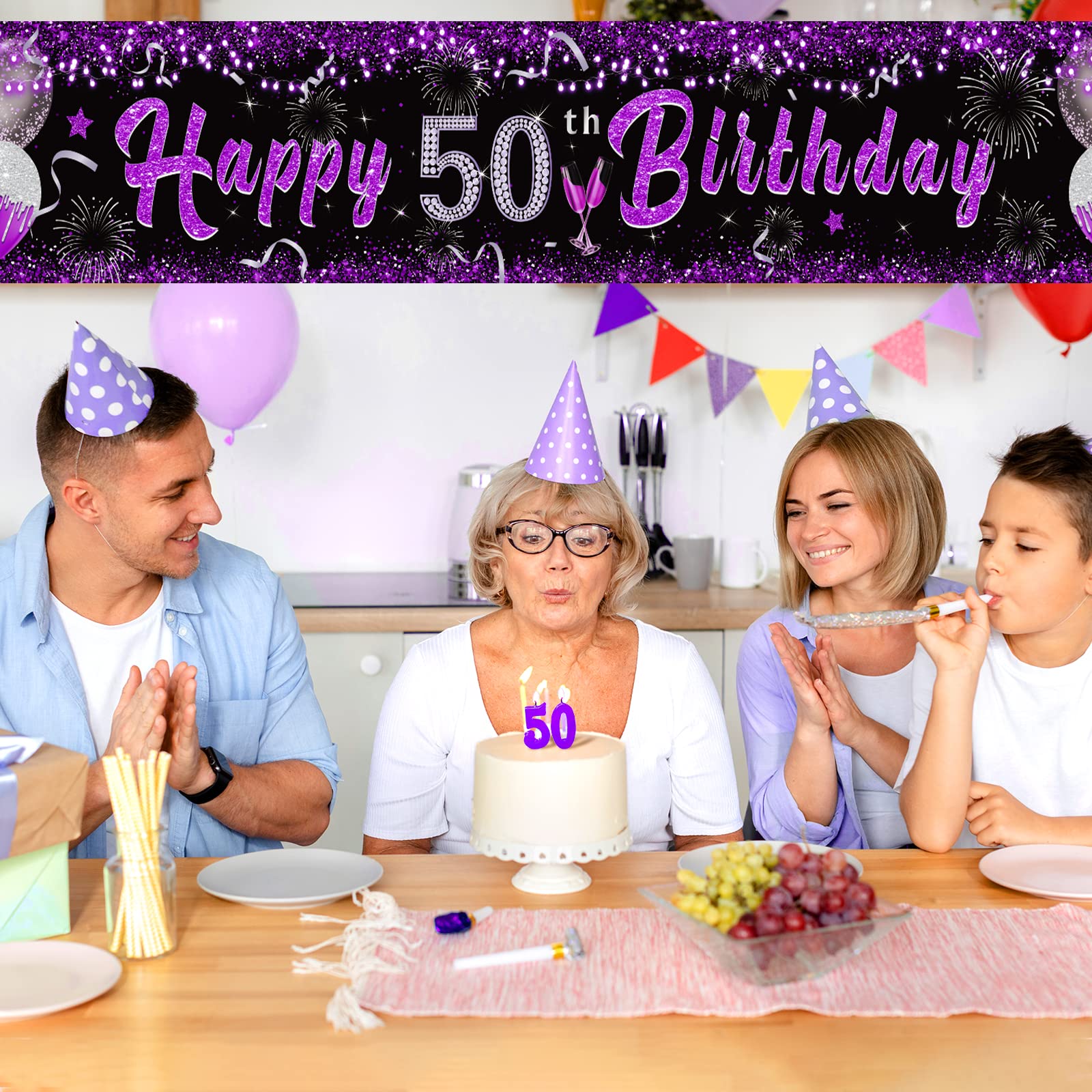 Purple 50Th Birthday Decorations For Women, Black Purple Silver Happy 50Th Birthday Yard Banner Purple 50Th Birthday Yard Sign F