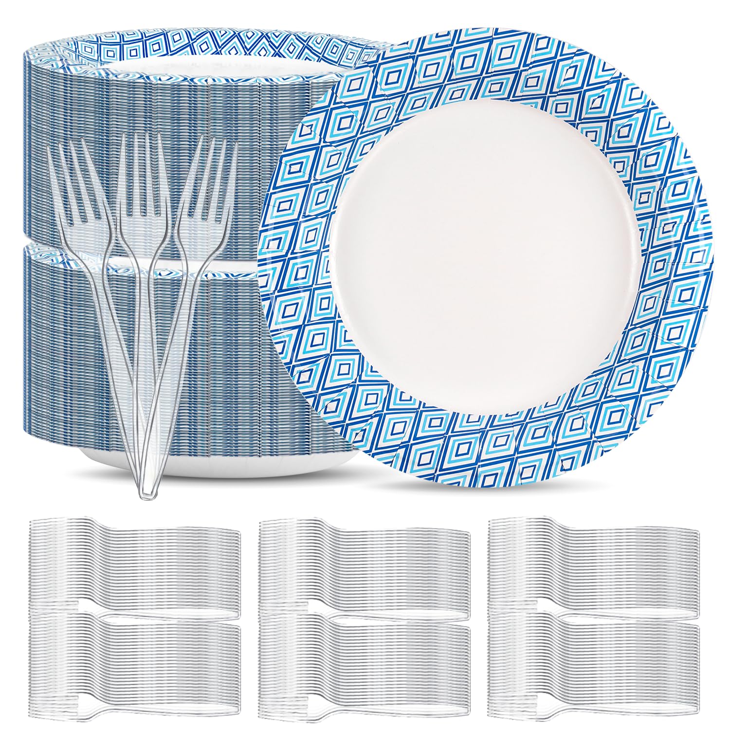 Charmount 300Pcs Paper Plates 8.5 Inch Bulk, 150 Disposable Plates with 150 Clear Plastic Forks, Soak-Proof Tableware for Daily 