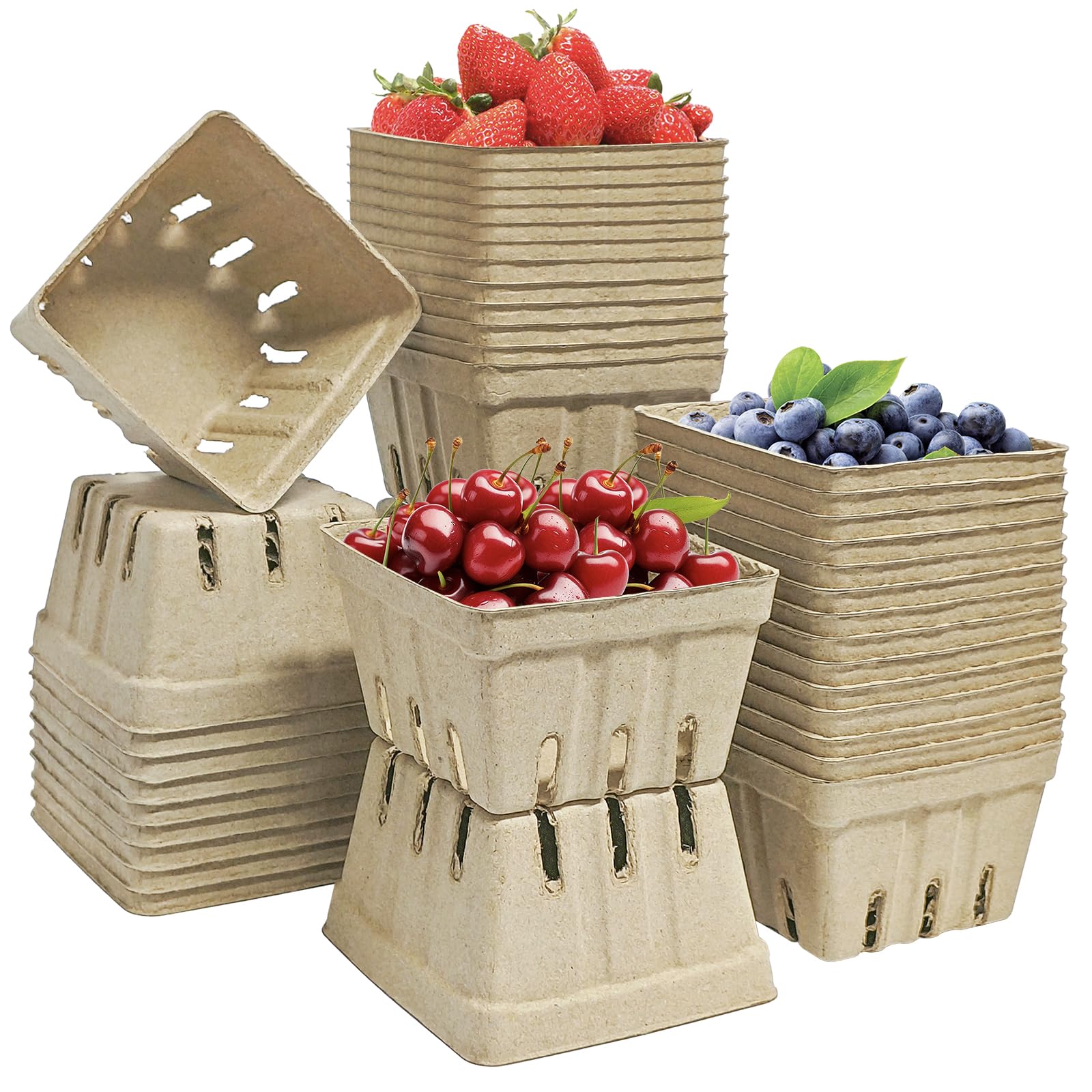 45 Pcs Natural Pulp Fiber Berry Basket Small Vented Berry Picking Basket Small Container Holder for Fruits Vegetable Farmer Mark