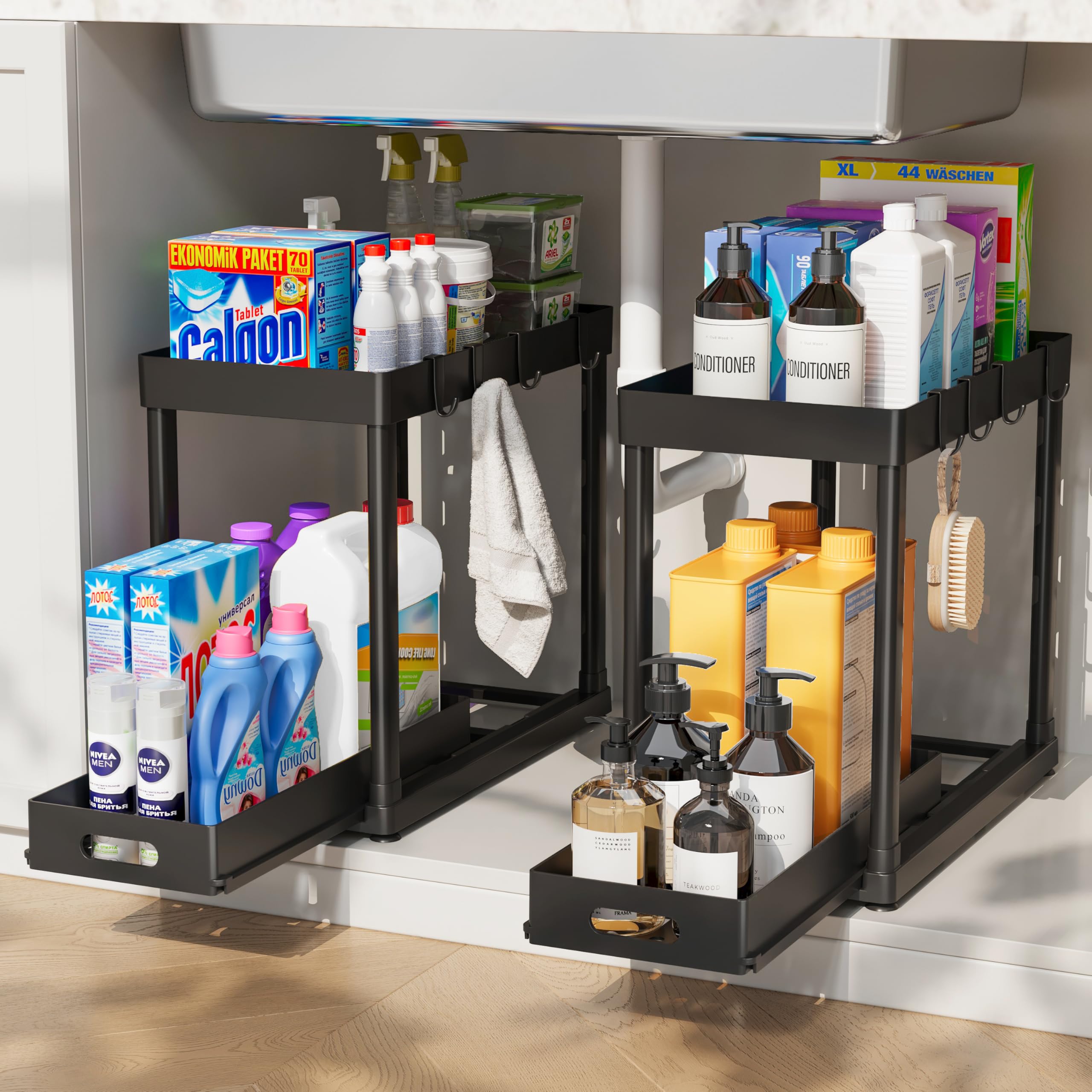 POUGNY 2 Pack Pull-Out Storage Organizers, Under Sink Organizer and Storage for Bathroom & Kitchen,Multi-Purpose Under Cabinet O