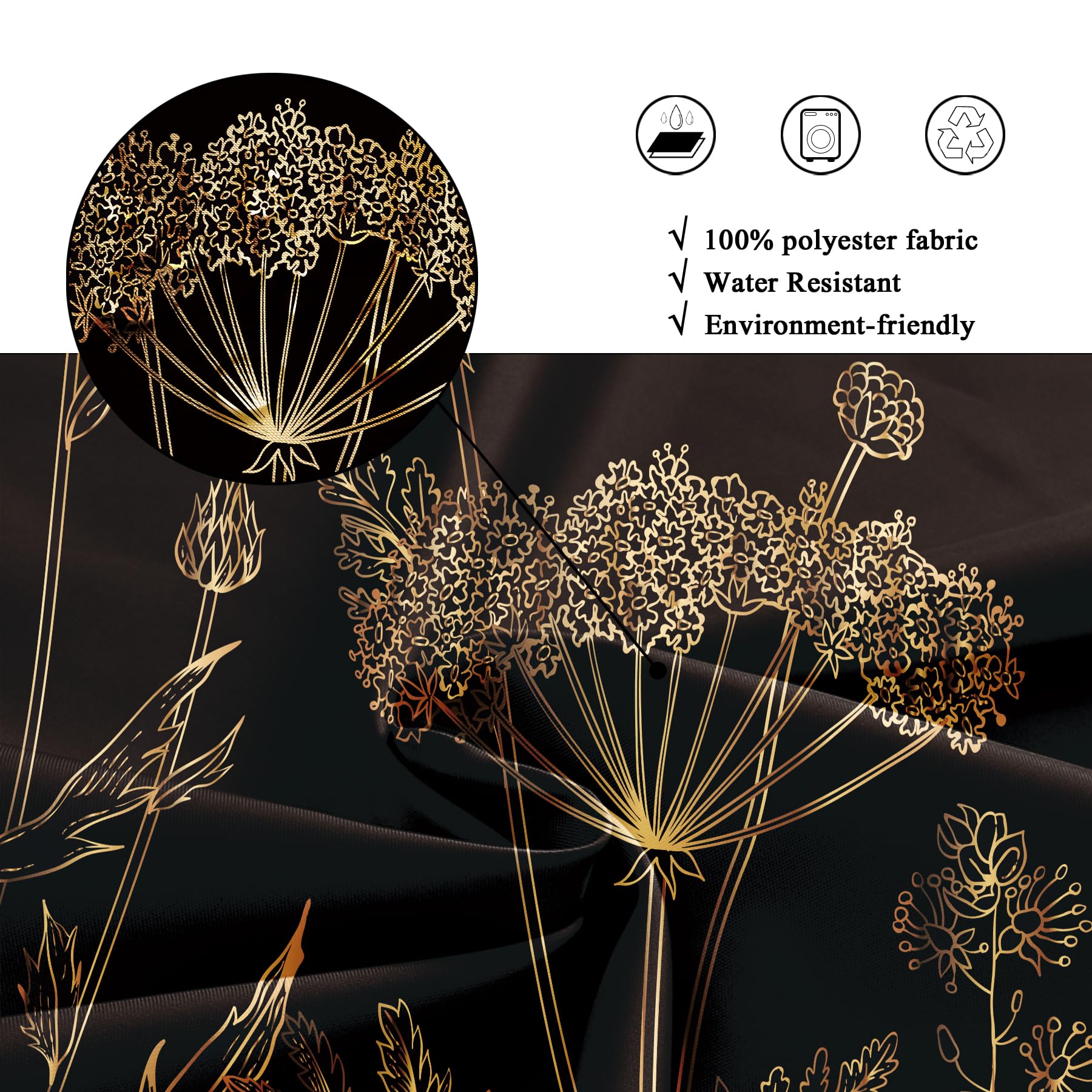 Riyidecor Clawfoot Tub Extra Wide Shower Curtain For Bathroom Decor 180Wx70H Black And Gold Floral Wildflower Wrap All Around Ci