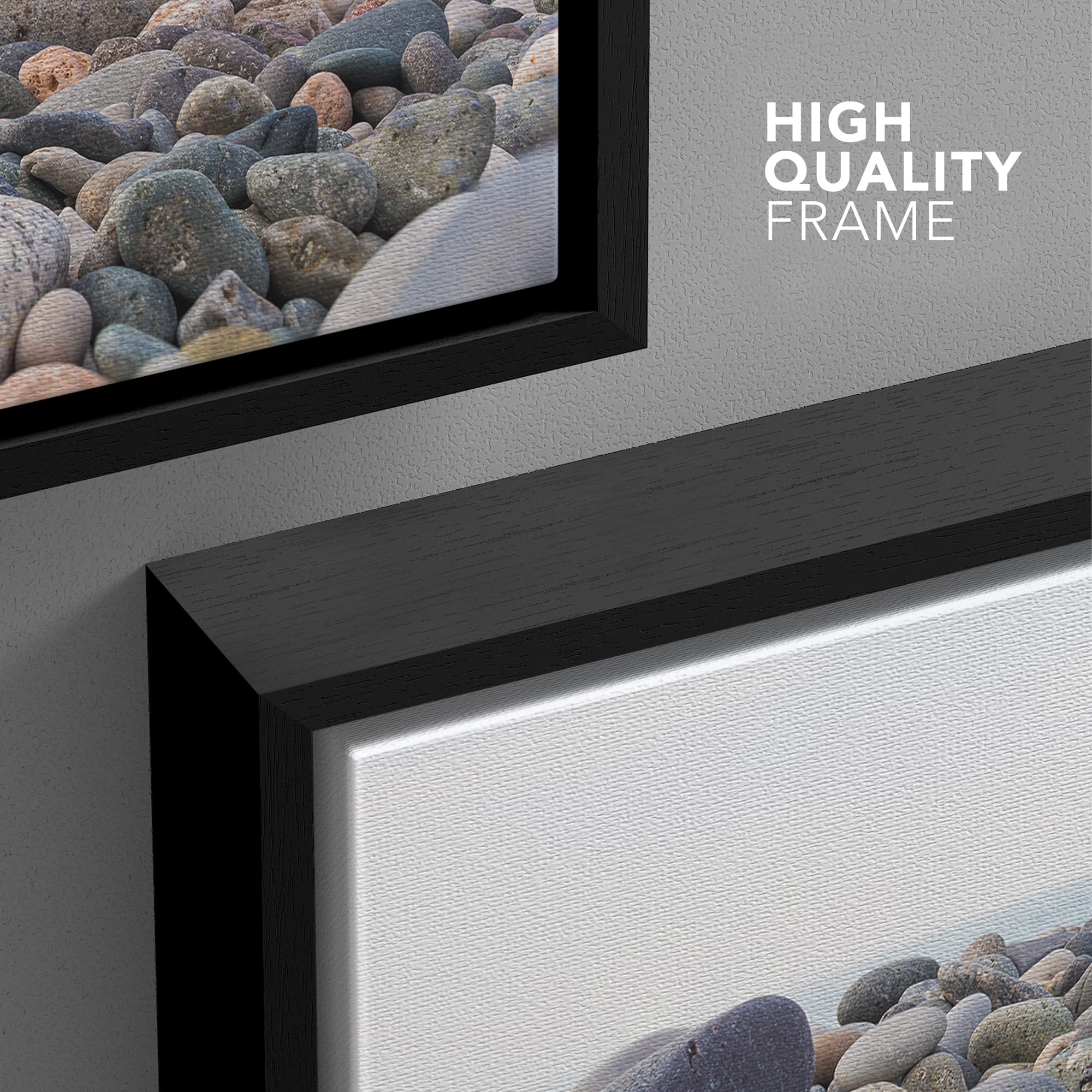 wall26 - Framed Canvas Prints Wall Art - Zen Stones Balance  Pebbles Stack Over Blue Sea  Modern Wall Decor/Home Decoration Stretched Gallery Canvas Wrap Giclee Print. Ready to Hang - 24''x36'' Black