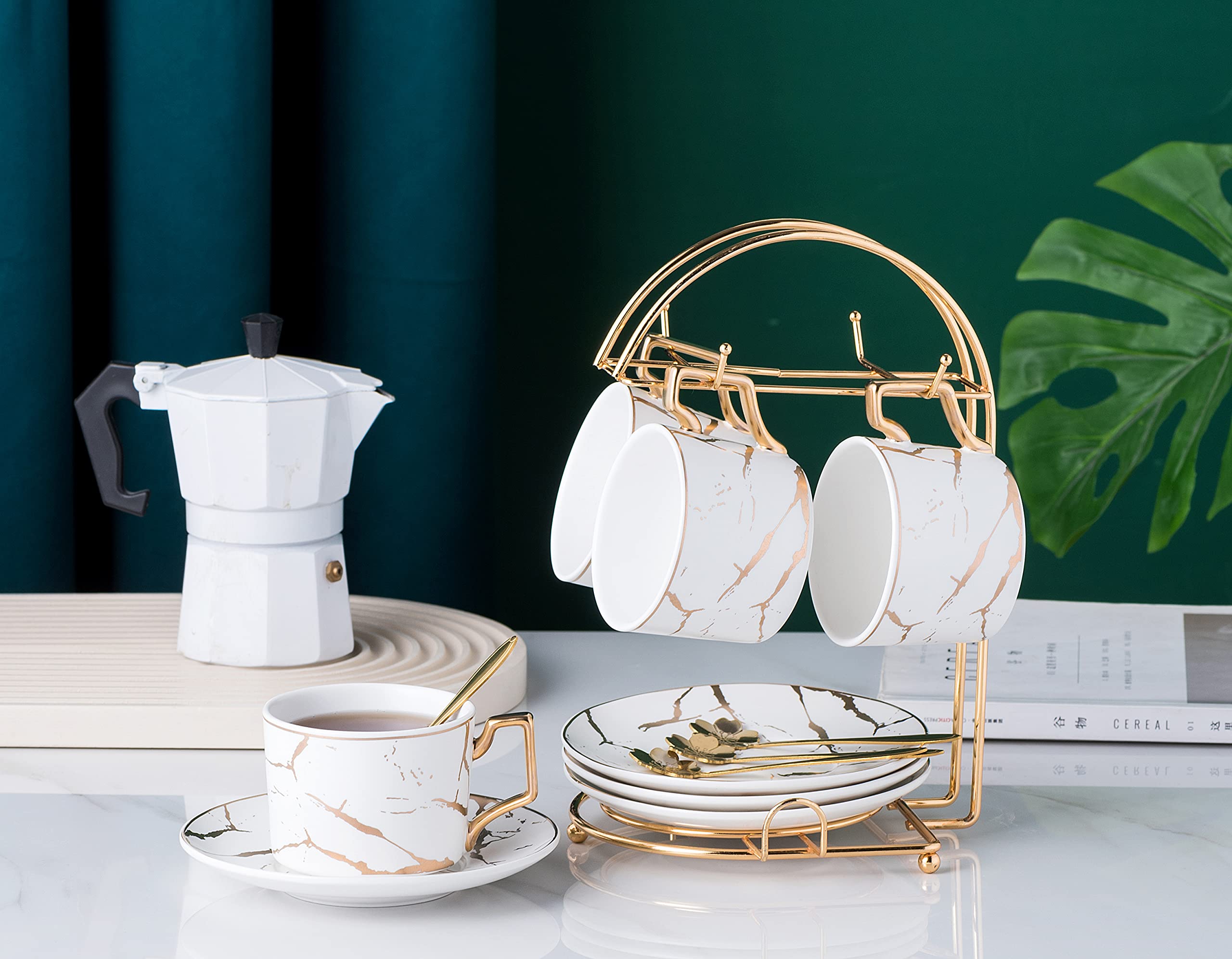 Jusalpha Serve Of 4- Hand Printed Golden Matte Ceramic Marble Tea Coffee/Tea Cups With Spoons And Cup Holder, 7Oz -Tcs26 (White/