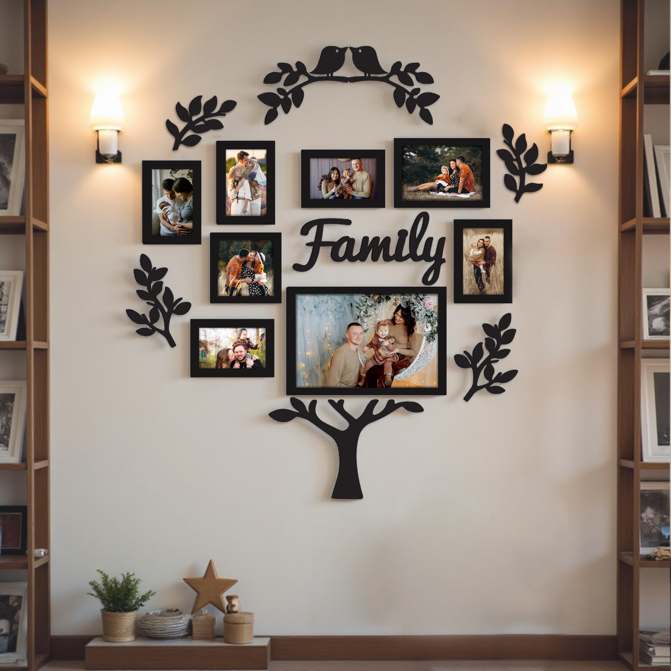 Art Street Family Tree Wall Photo Frame Set Pack Of 8 With 10 Mdf Cutouts For Home Decoration | Wall Photo Frame Collage For Liv