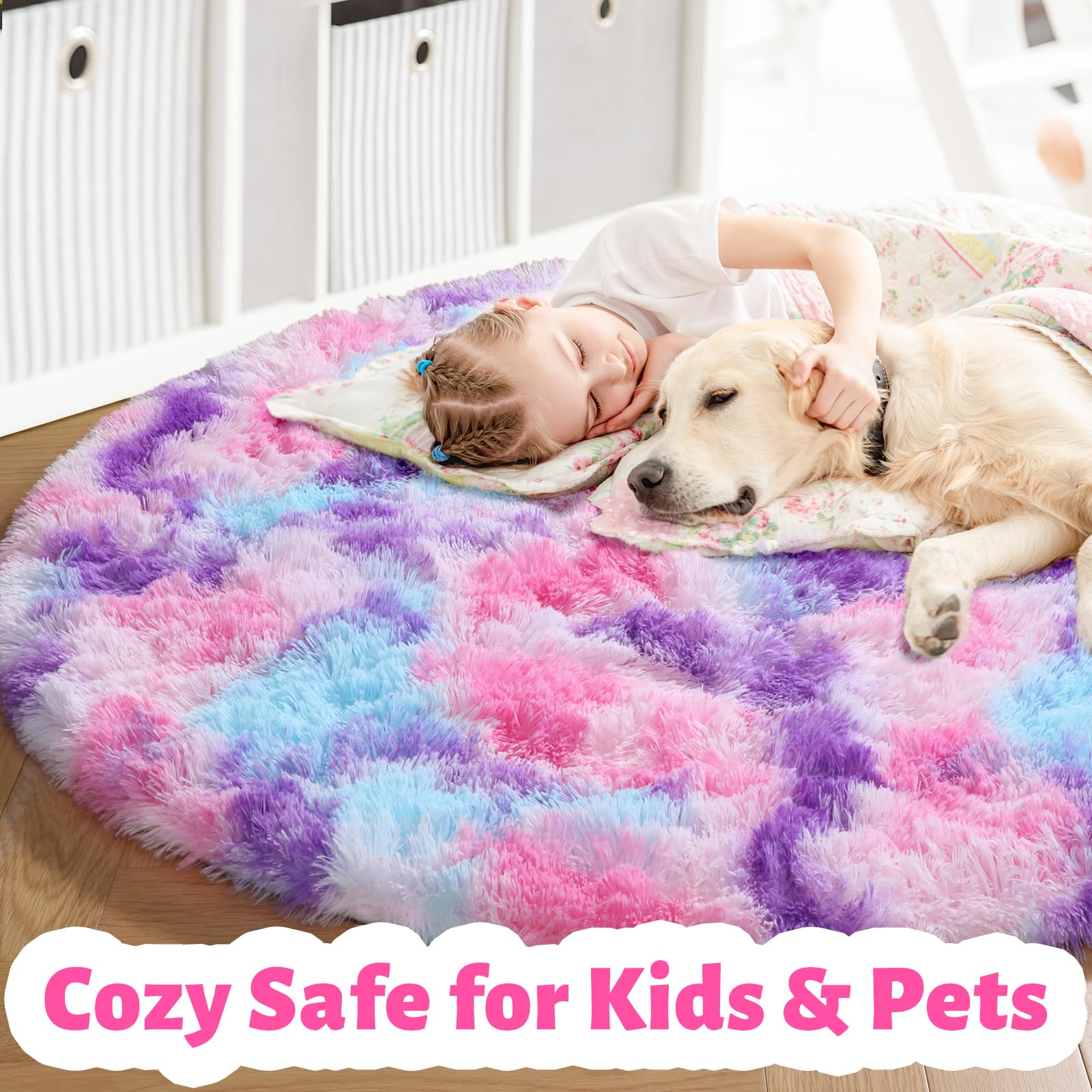 Amdrebio Hot Pink Rainbow Round Circle Area Rug 5Ft for Girls Bedroom, Fluffy Cute Fuzzy Colorful Pastel Kids Rugs for Nursery P