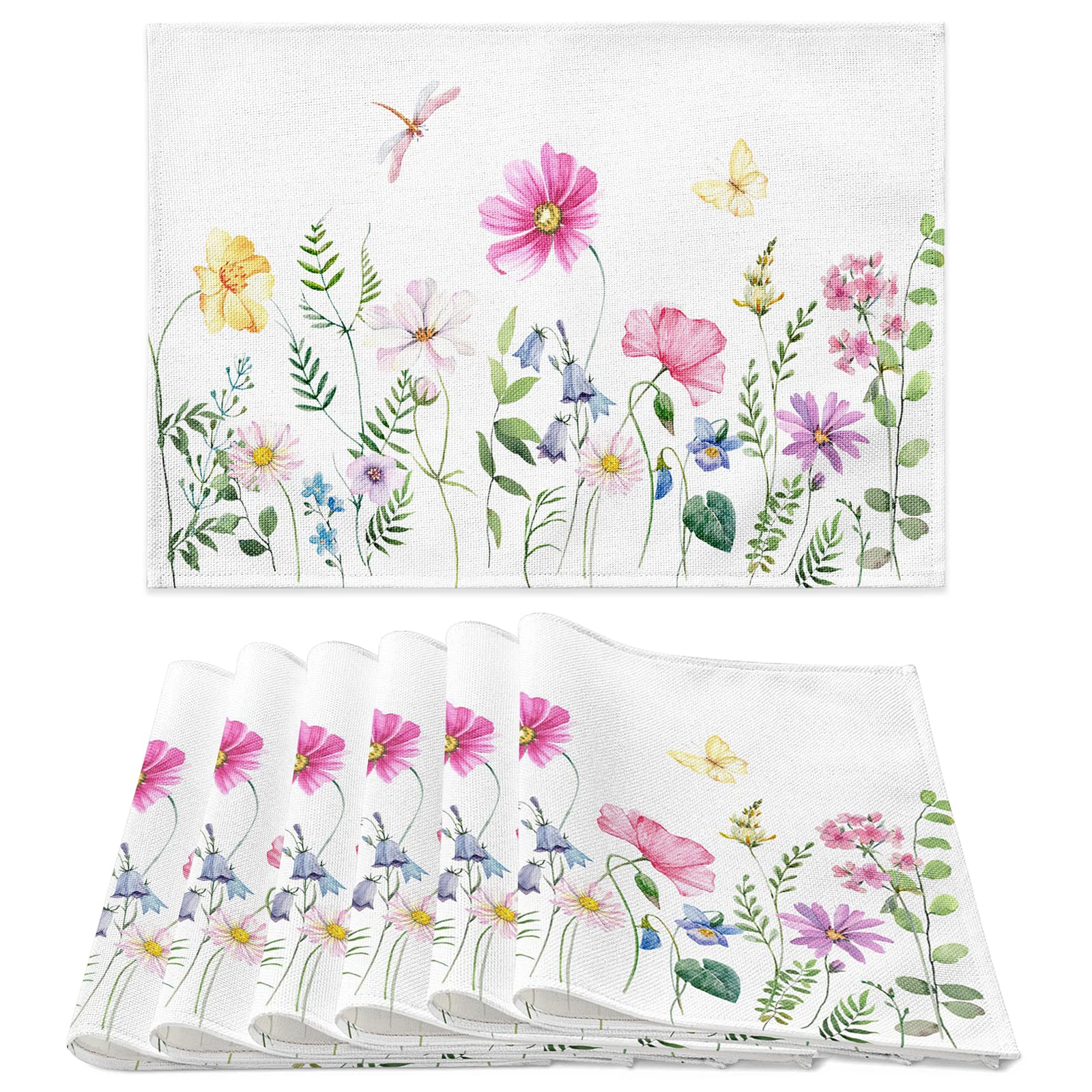 Placemats Set Of 6, Spring Summer Floral Non Slip Heat Resistant Cotton Linen Fabric Cloth Place Mats, White Square Washable Hol