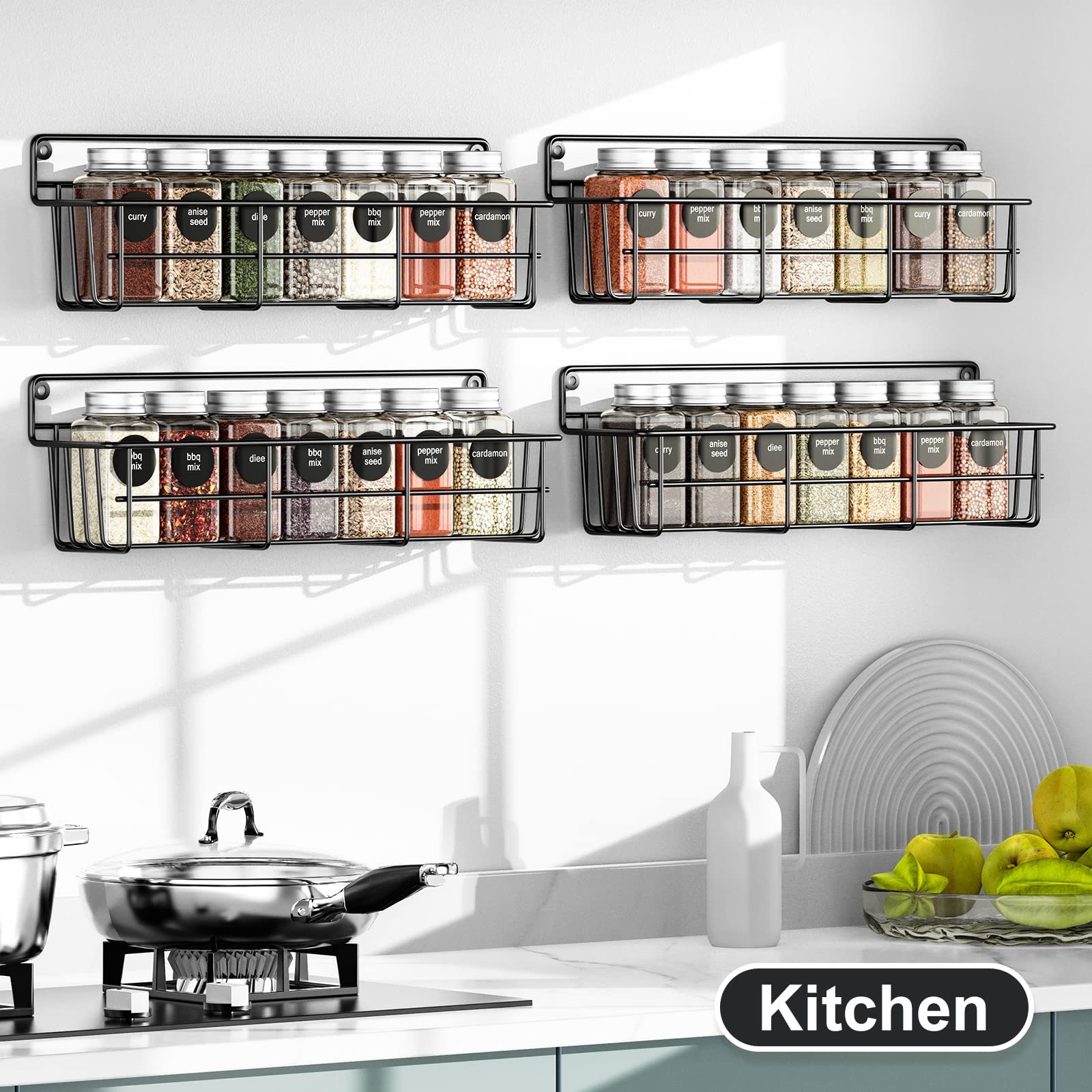 Mystozer Spice Rack Organizer Wall Mount, Hanging Spice Pantry Storage Shelf Organization, 4 Pack Space Saving Seasoning Organiz