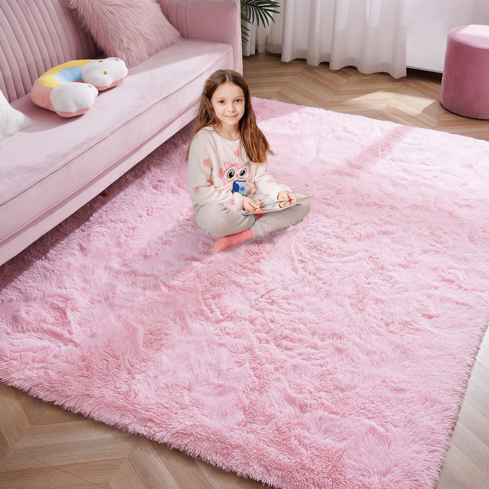 Softlife Ultra Soft Fluffy Area Rugs for Bedroom, Girls and Boys Room Kids Room Nursery Rug, 4 x 5.3 Feet Pink Shaggy Fur Indoor