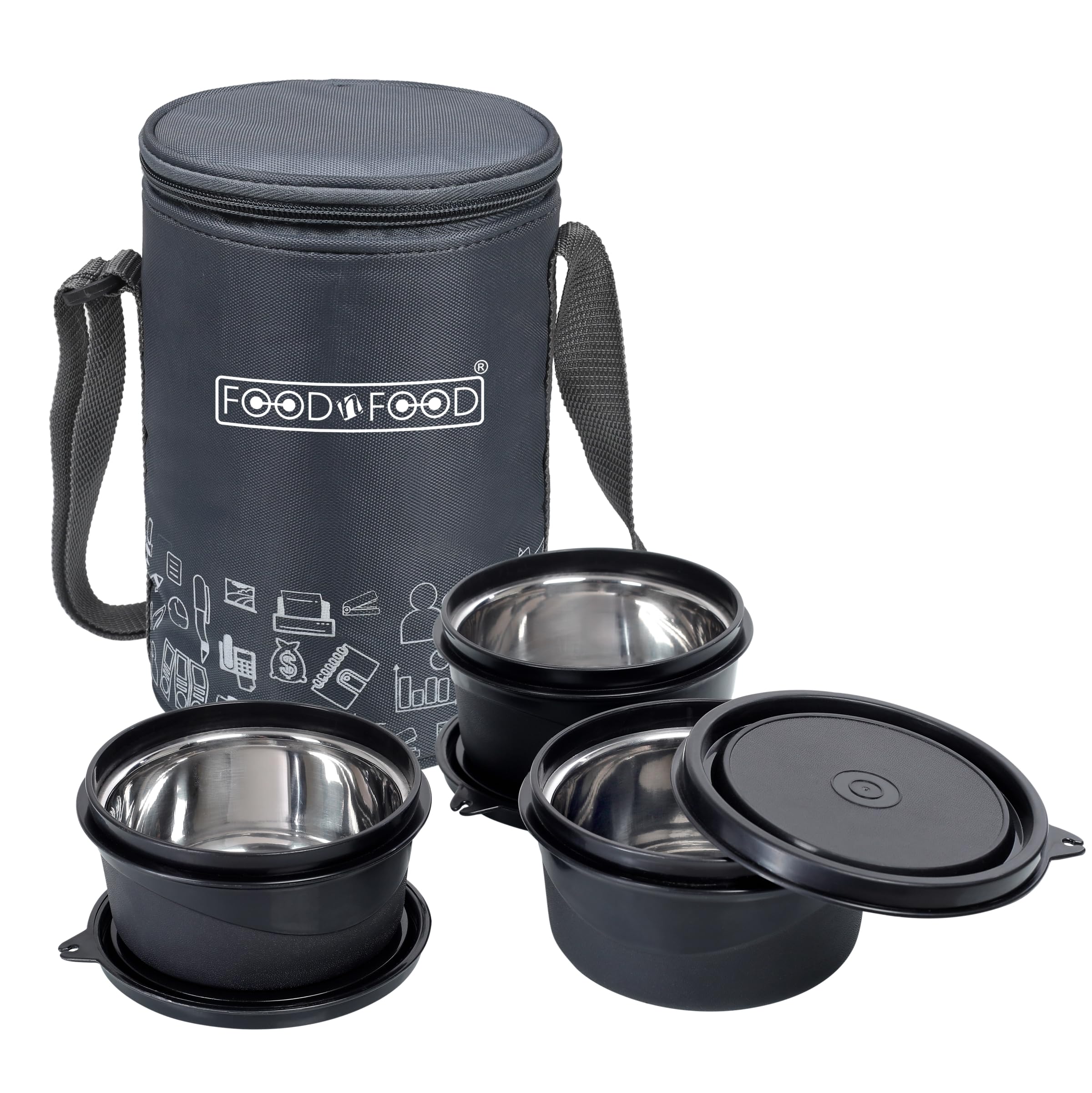 Food N Food Executive Microwave Safe Lunch Box With 3 Inside Steel Containers (400 Ml Each) | Microwave-Safe Outer | Leak-Resist