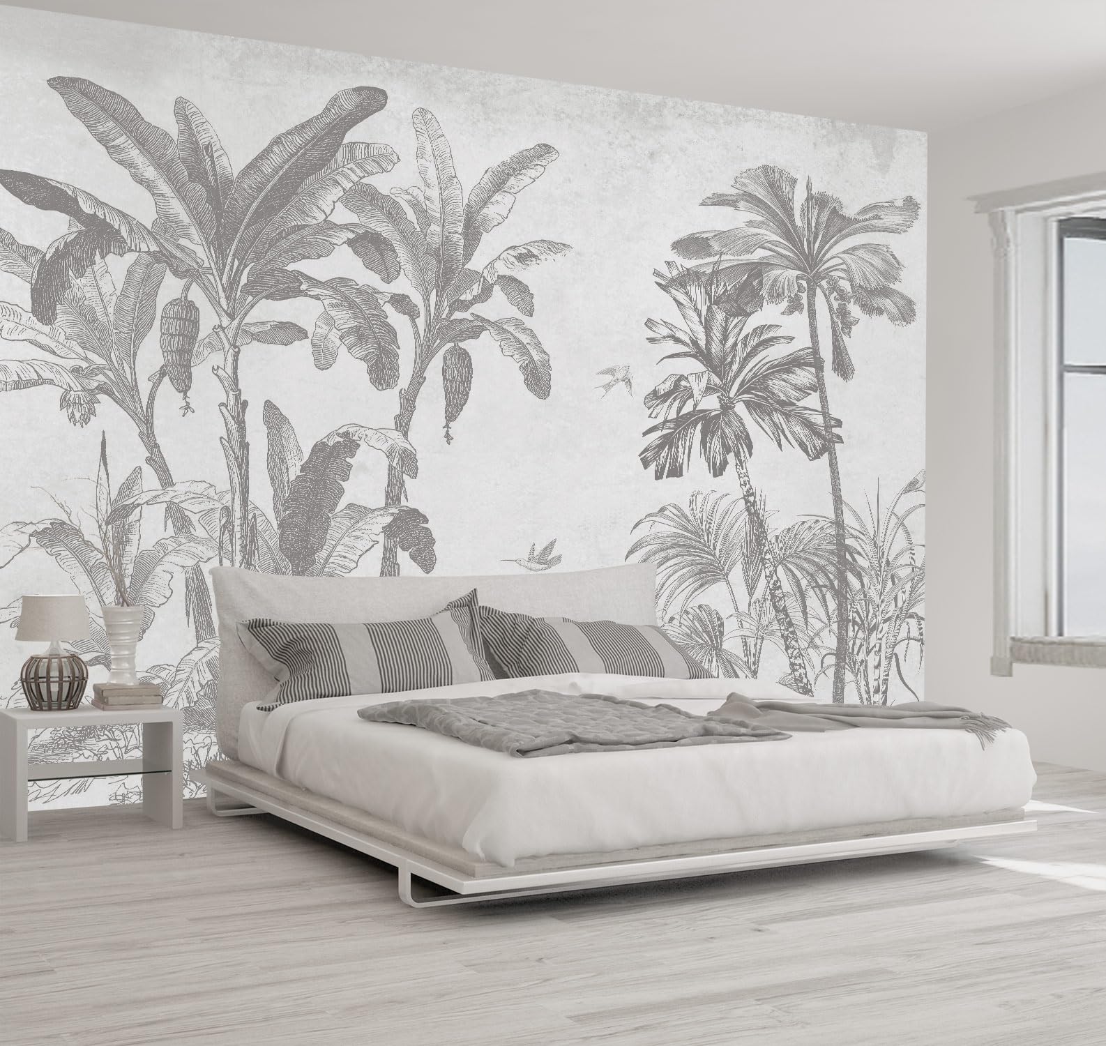 WFBHUA - Gray Jungle Landscape Wallpaper Mural Tropical Banana Leaf Wall Mural (Not Peel and Stick)