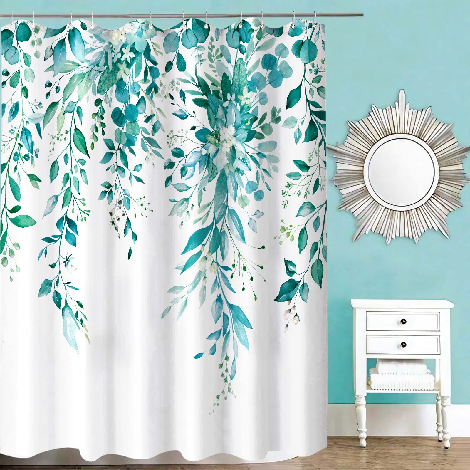 Zussun Long Teal Eucalyptus Shower Curtain Watercolor Floral Plant Leaf Shower Curtains for Bathroom Botanical Flower Waterproof Fabric Bath Curtain Decor with Hooks (Teal  72'' x 78'')