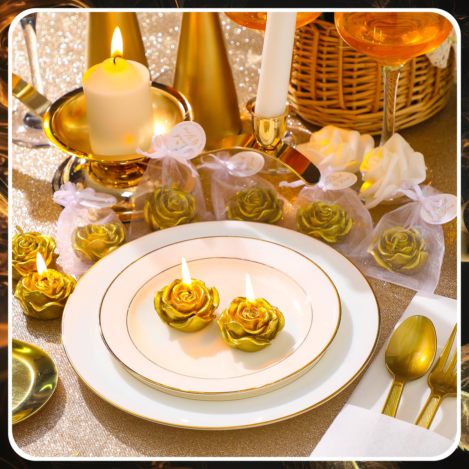 Treela 24 Set Flower Candles Wedding Favor for Guests Mini Gold Rose Shaped Tealight Candles for Return Gift Wedding Birthday Br