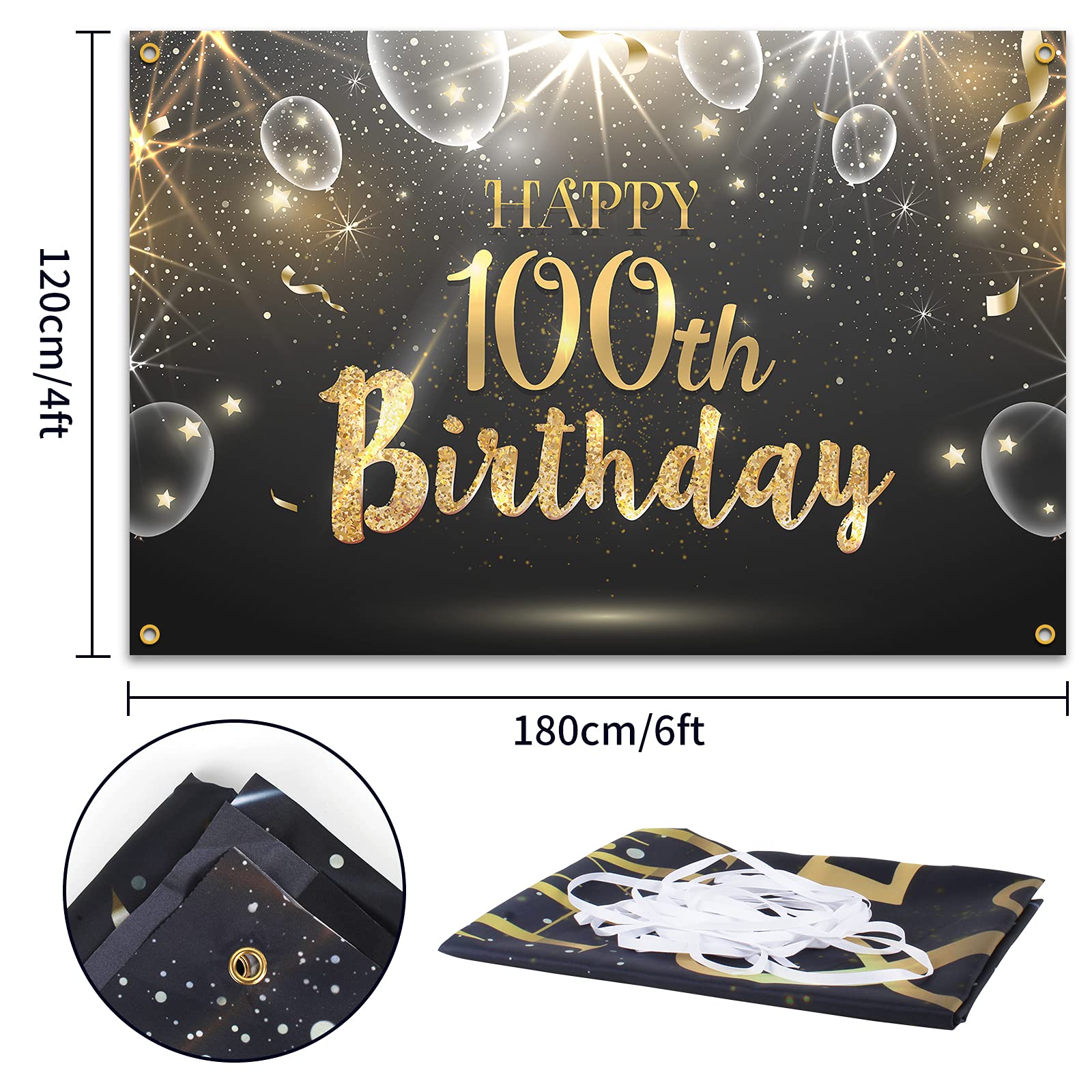 Hamigar 6X4Ft Happy 100Th Birthday Giltter Shinning Banner Backdrop - 100 Years Old Birthday Decorations Party Supplies For Wome