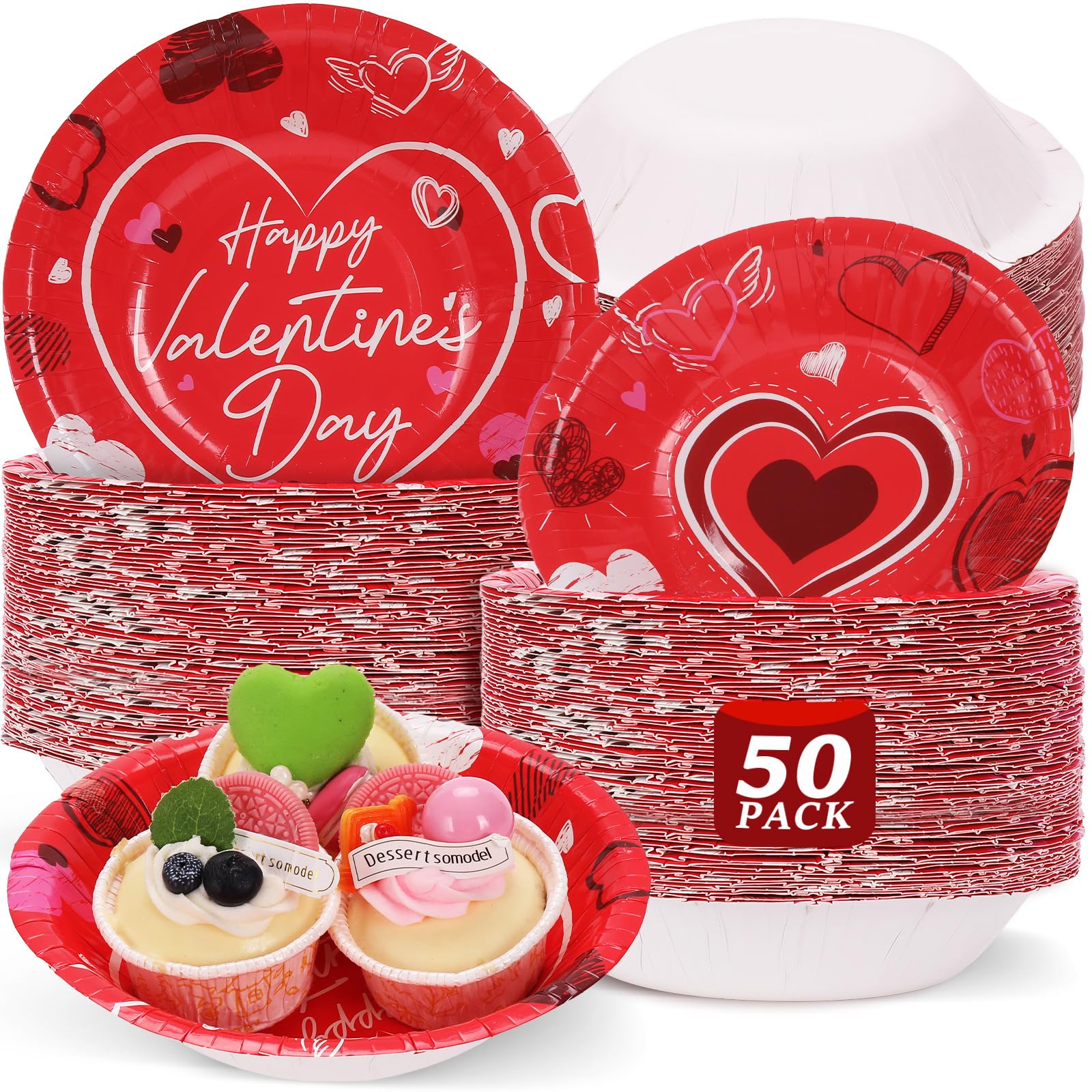Gisgfim 50 Pcs 16 Oz Valentine'S Day Bowls Party Supplies Disposable Valentine'S Day Snack Bowls Red Heart Paper Dessert Bowls D