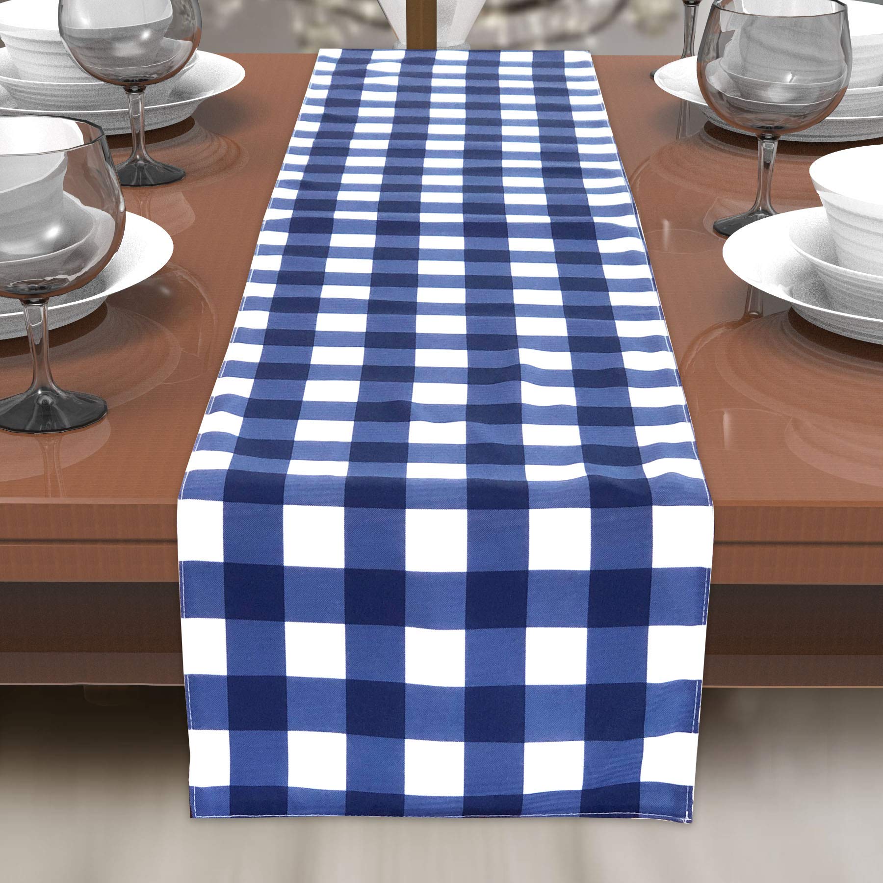 Blue White Gingham Checker Indoor Outdoor Stain Resistant Spill Bead Up Fabric Table Runner 13''X72''