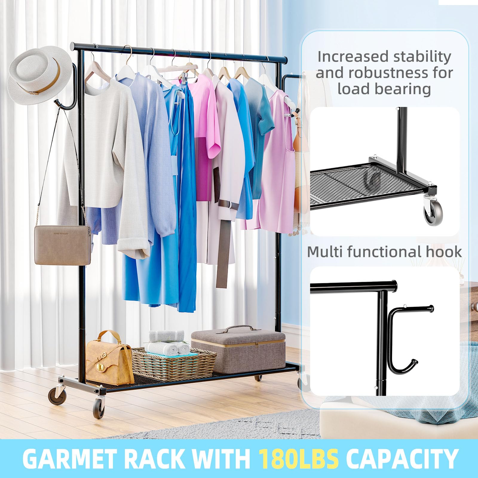 Ekisemio Clothing Garment Rack On Wheels, Heavy Duty Clothes Organizer With Bottom Mesh Shelf For Hanging Clothes, Side With 2 H