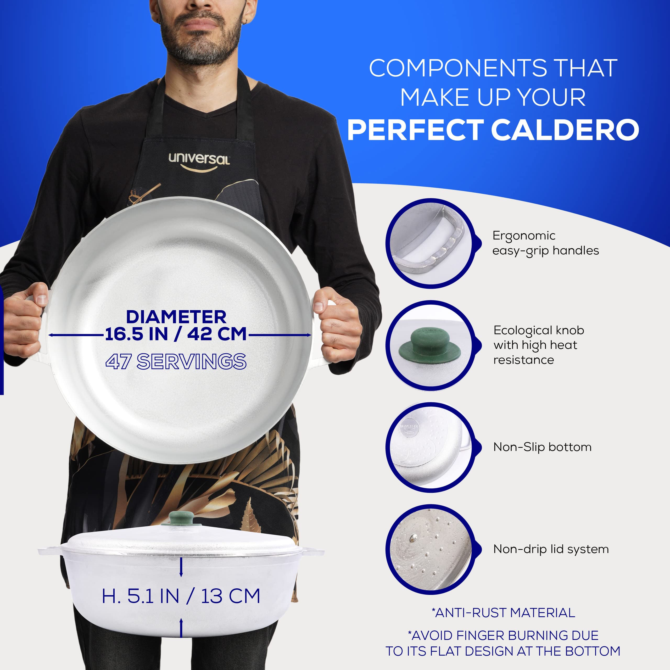 Universal Large Caldero 47 Cups - 17 Qt / 16 L, Stainless Aluminum Pot, Even Heat Distribution And Fast Cooking Dutch Oven Pot W