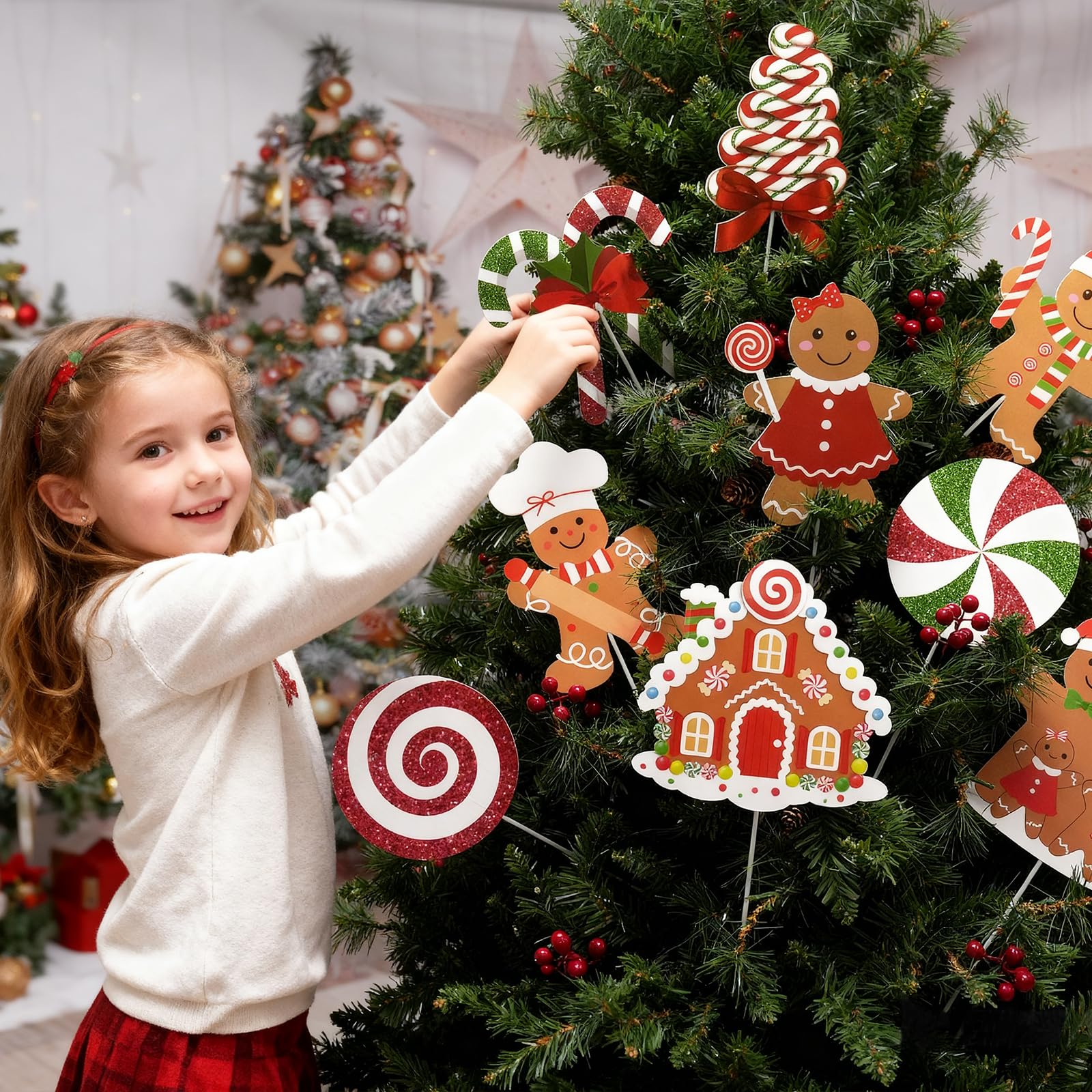 9Pcs Gingerbread Christmas Decorations Plastic Gingerbread Man House Tree Picks and Candy Cane Lollipop Tree Toppers for Holiday