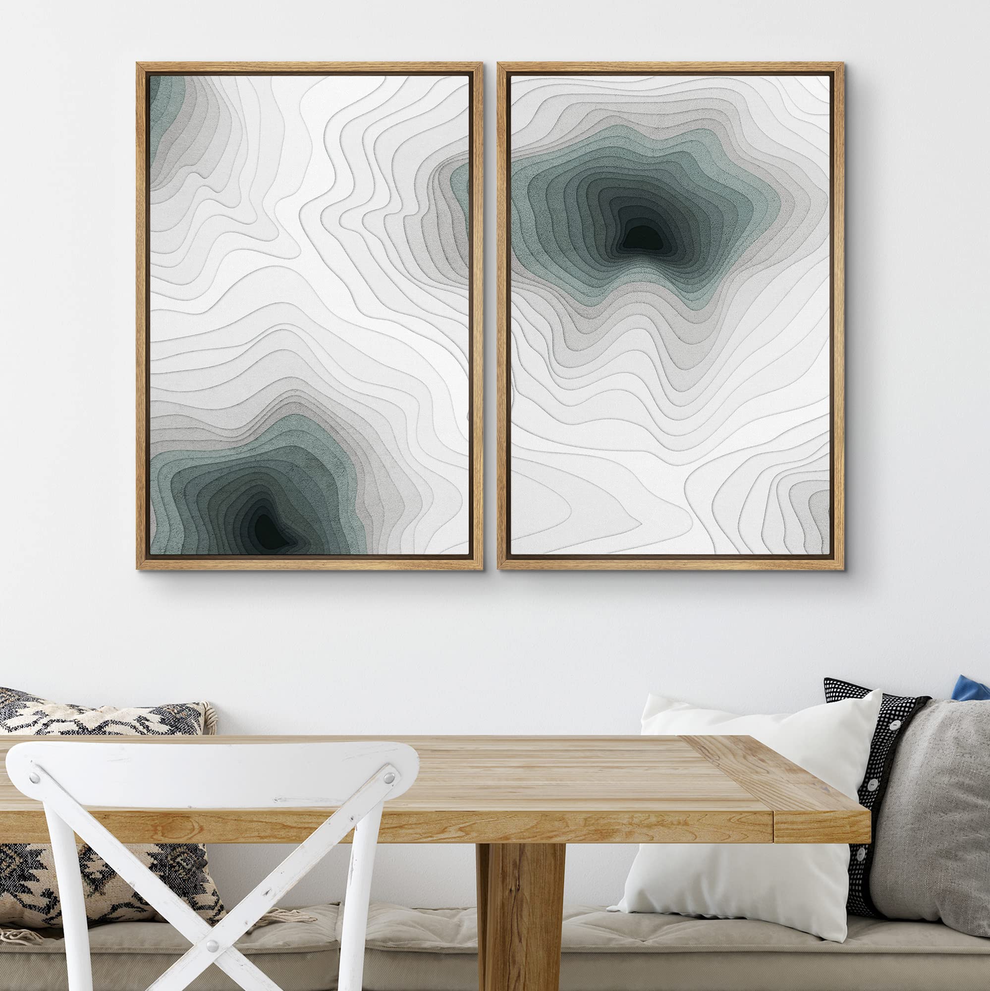SIGNWIN Framed Canvas Print Wall Art Set Mid-Century Dark Color Field Wave Abstract Shapes Illustrations Minimalism Decorative Bohemian Relax/Zen for Living Room  Bedroom  Office - 24''x36''x2 Natural