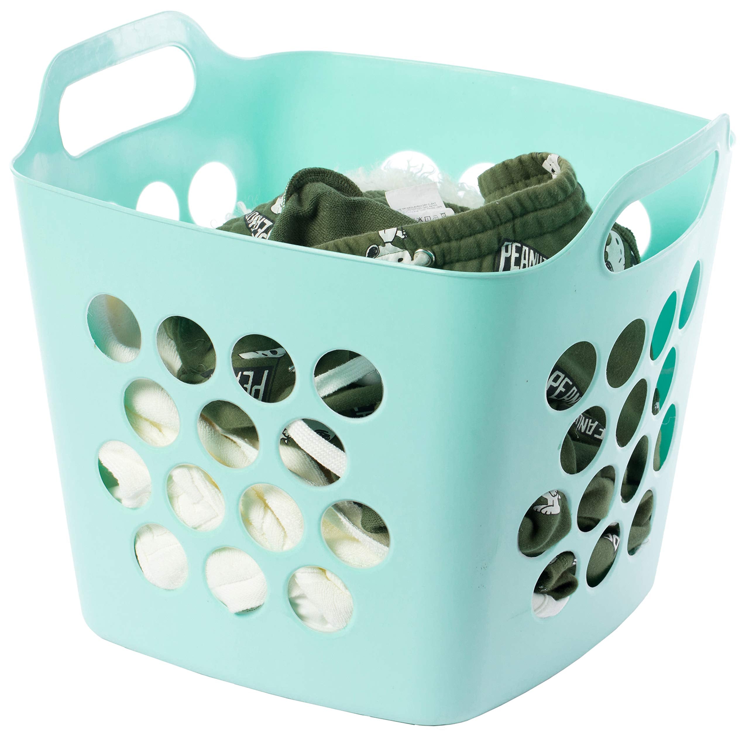 Flexible Plastic Carry Laundry Basket Holder Square Storage Hamper With Side Handles (Green)