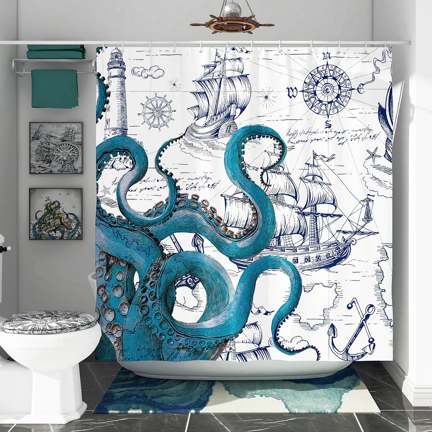 DESIHOM Blue Nautical Octopus Tall Shower Curtain Set  Funny Ocean Kraken Shower Curtains for Bathroom  Beach Coastal Pirate Map Decor Polyester Fabric-72'' x 78''
