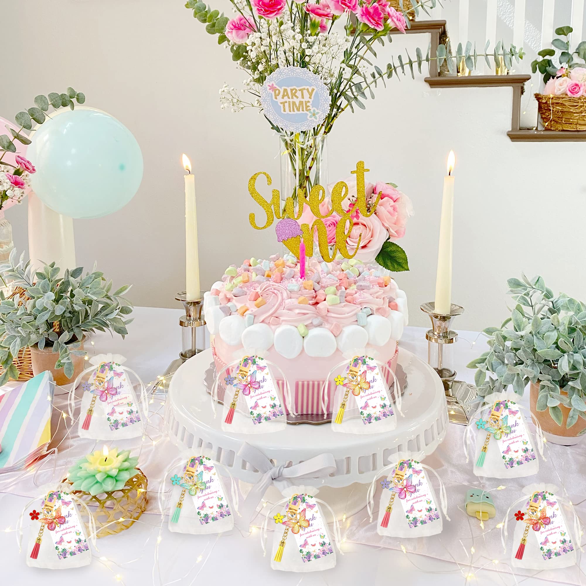 12 Sets Butterfly Party Favors Tassel Keychain Fairy Party Decorations With Laser Butterfly Flower Gauze Bag Thank You Cards For