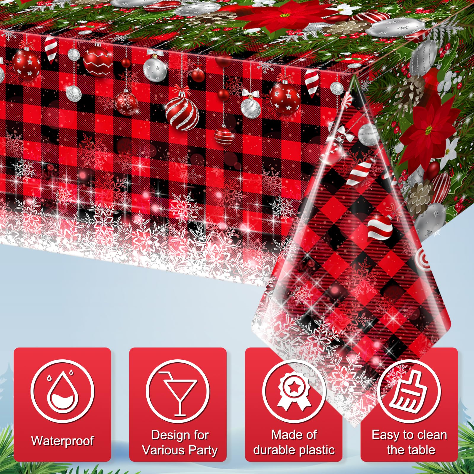 3Pcs Christmas Buffalo Plaid Snowflake Tablecloths,Plastic Red and Black Checkered Rectangle Christmas Tree Color Ball Table Cov