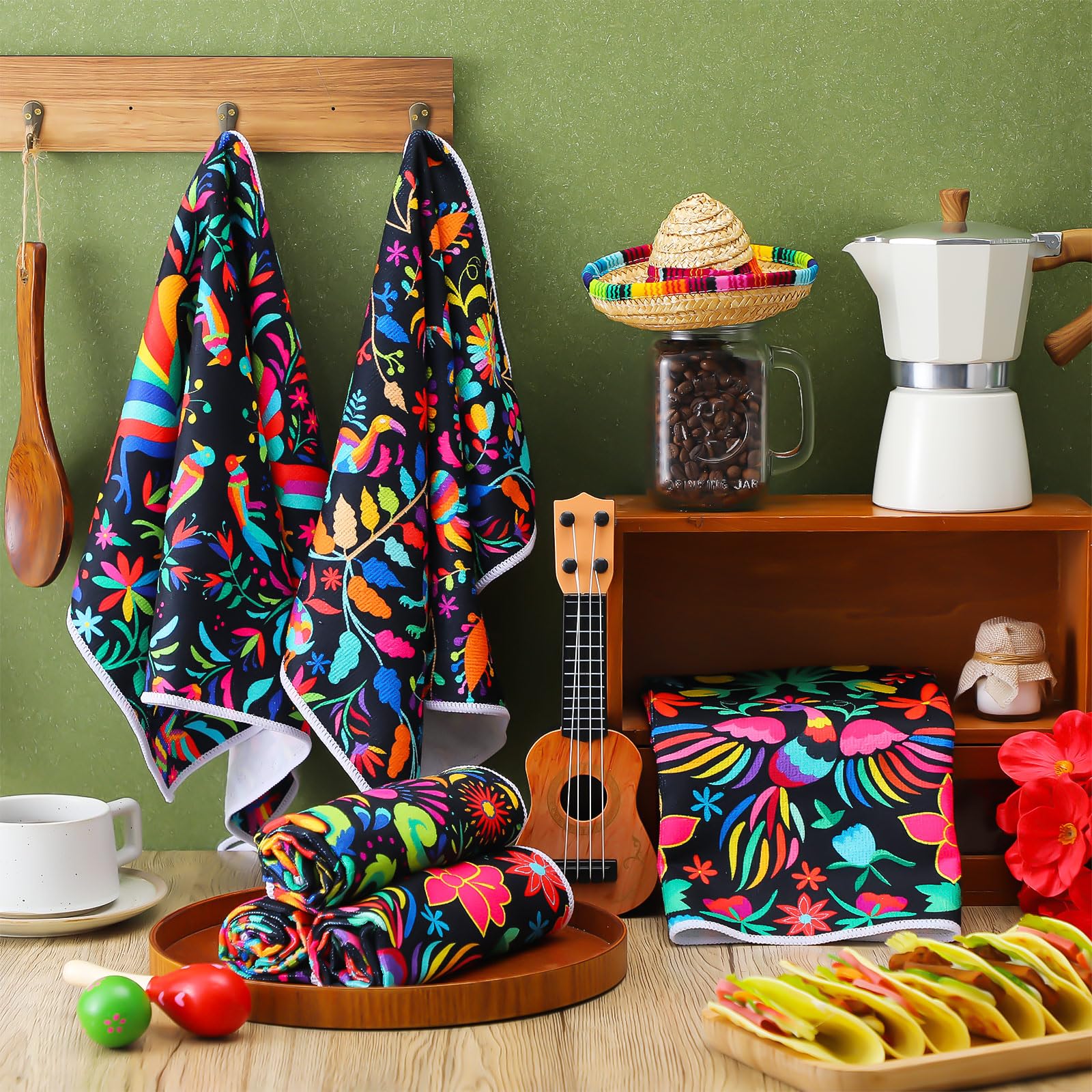 Breling Set Of 6 Mexican Otomi Kitchen Towels Mexican Talavera Themed Dish Towel Bathroom Decorative Mexican Traditional Bird Fl