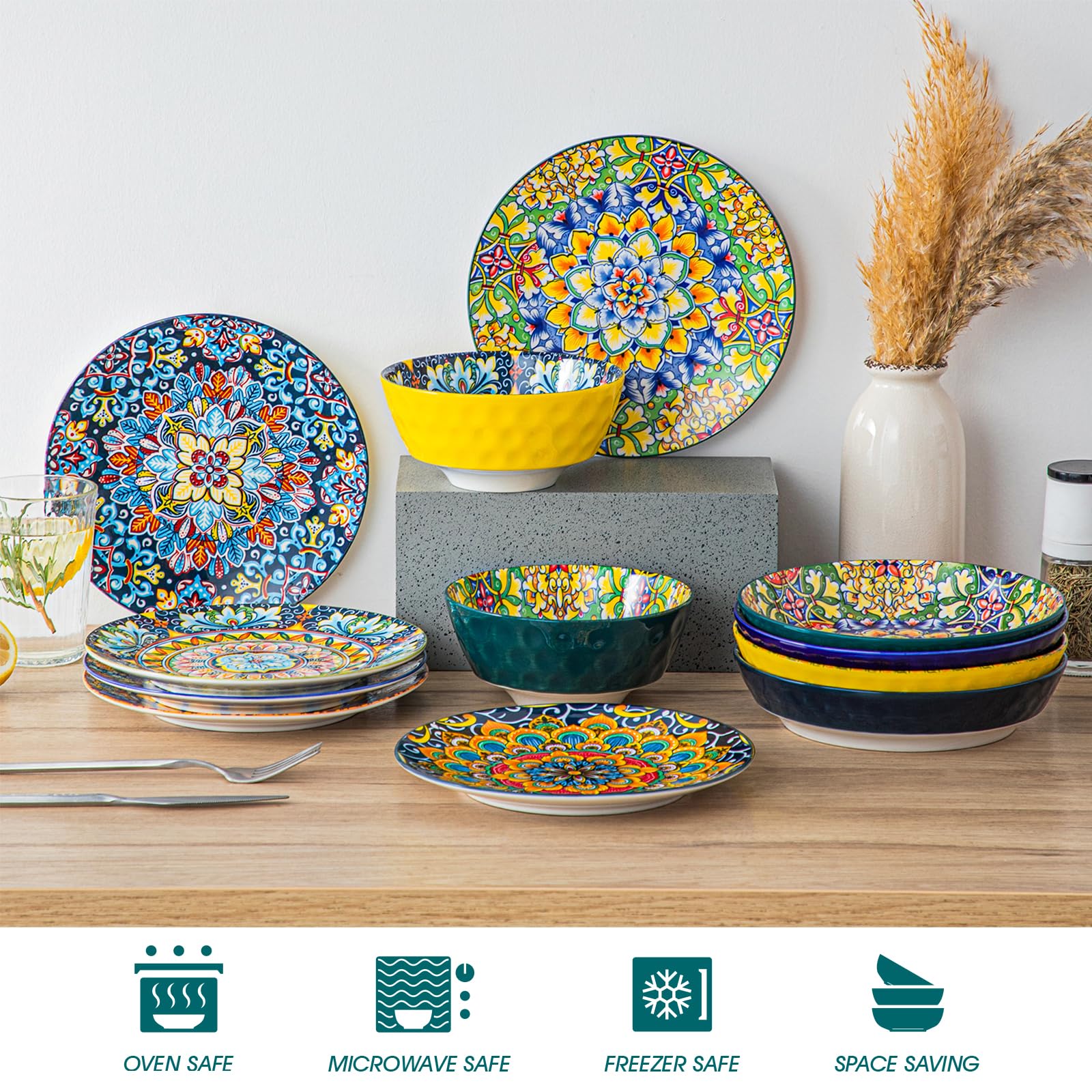 vancasso Salad Plates Set of 6, 8.5" Porcelain, Bohemian Style, Microwave & Dishwasher Safe, Colorful Small Dinner Plates