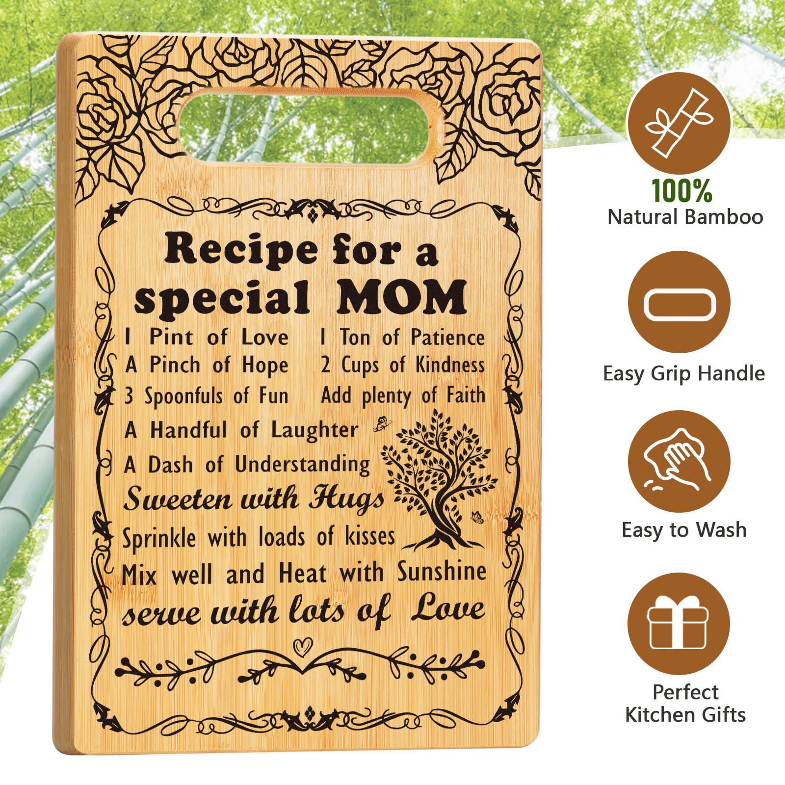 Birthday Gift for Mom, Recipe for a Special Mom- Christmas Birthday Mom Gifts from Daughter Son Cutting Board Set, Engraved Uten