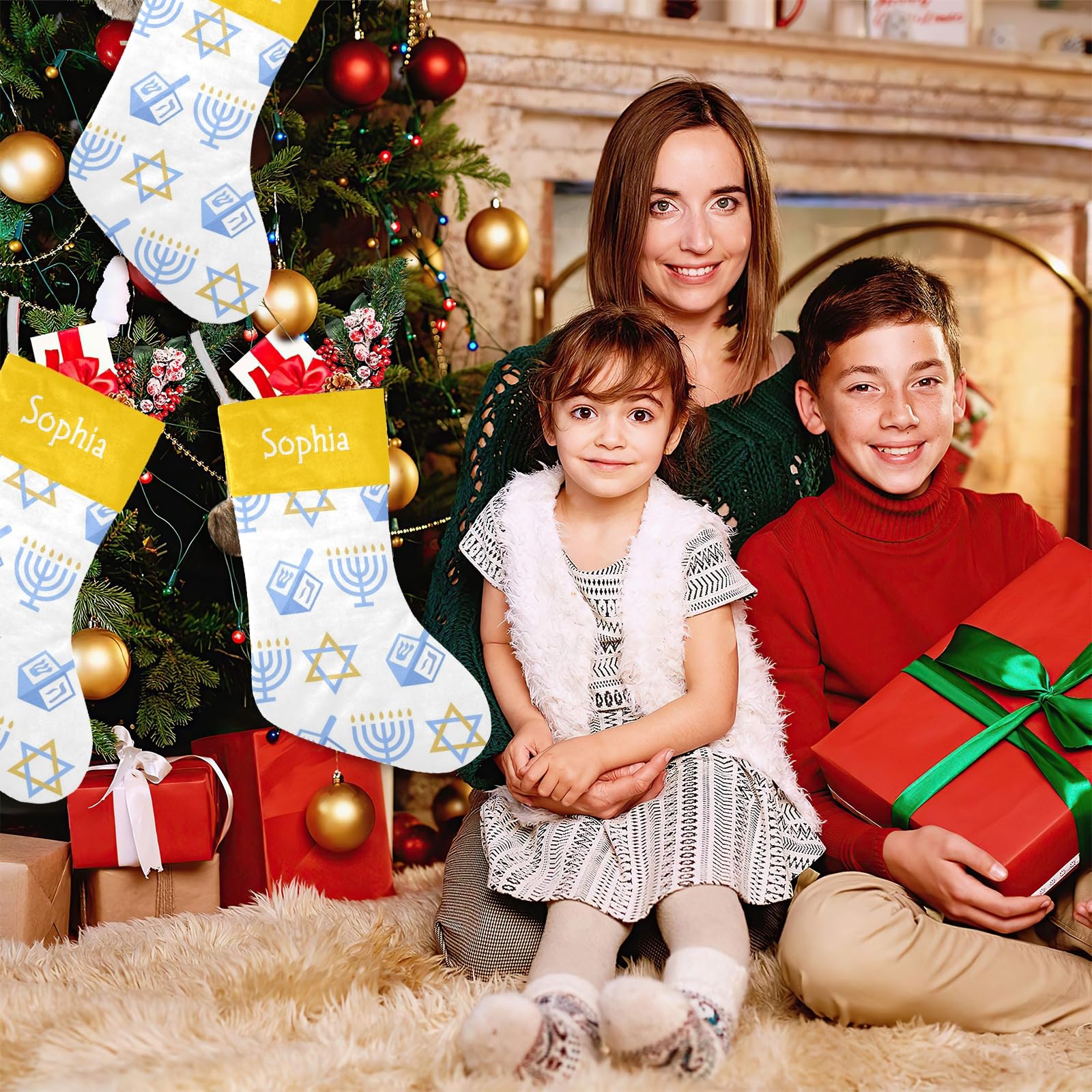 Personalized Hanukkah Beauty Christmas Stockings with Name Custom Xmas Gift Fleece Holiday Decoration Gift 17.52 x 7.87 Inch