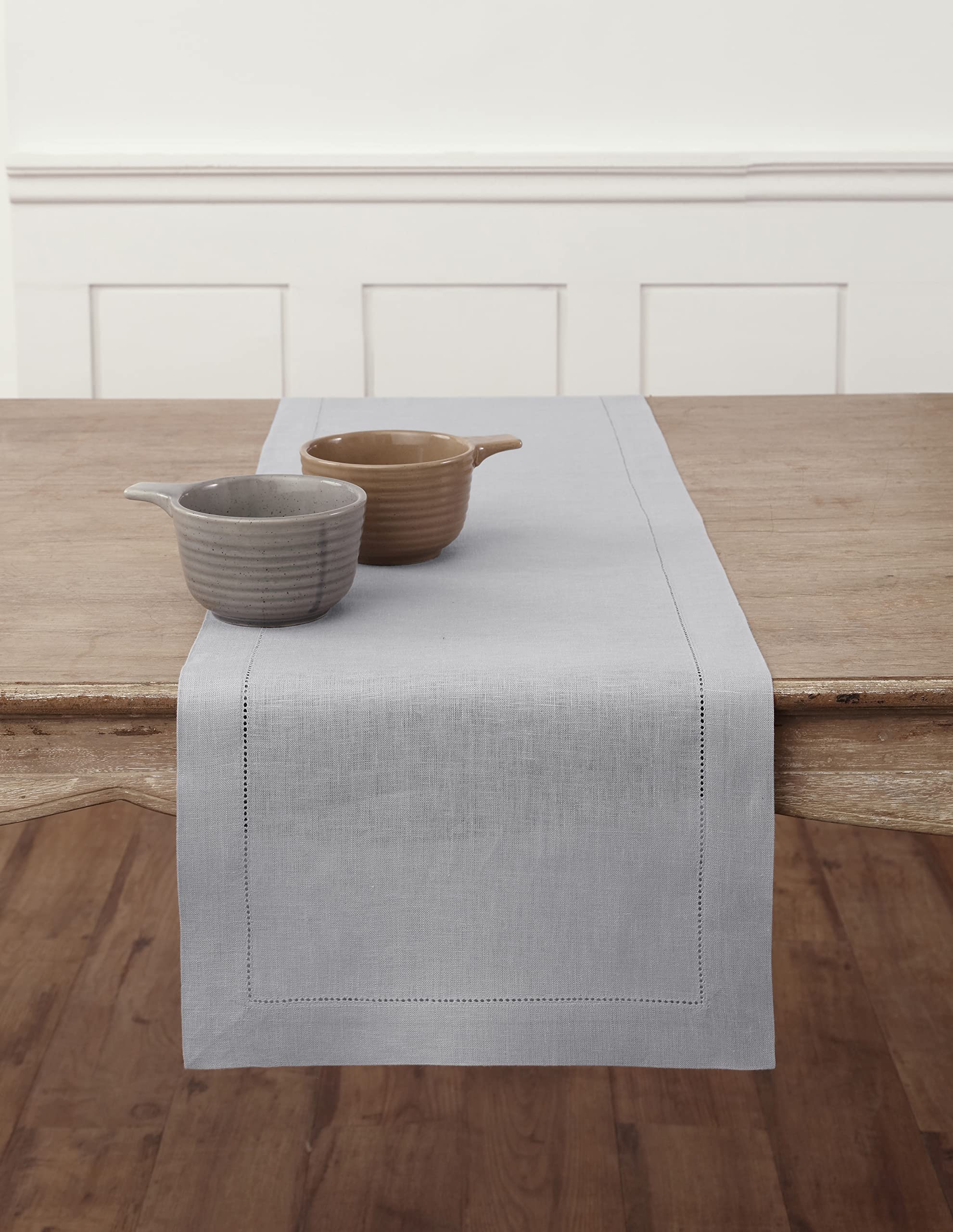 Solino Home Linen Soft Grey Table Runner 60 Inch - 100% Pure Linen Classic Hemstitch Short Table Runner 14 X 60 Inch Ideal For D