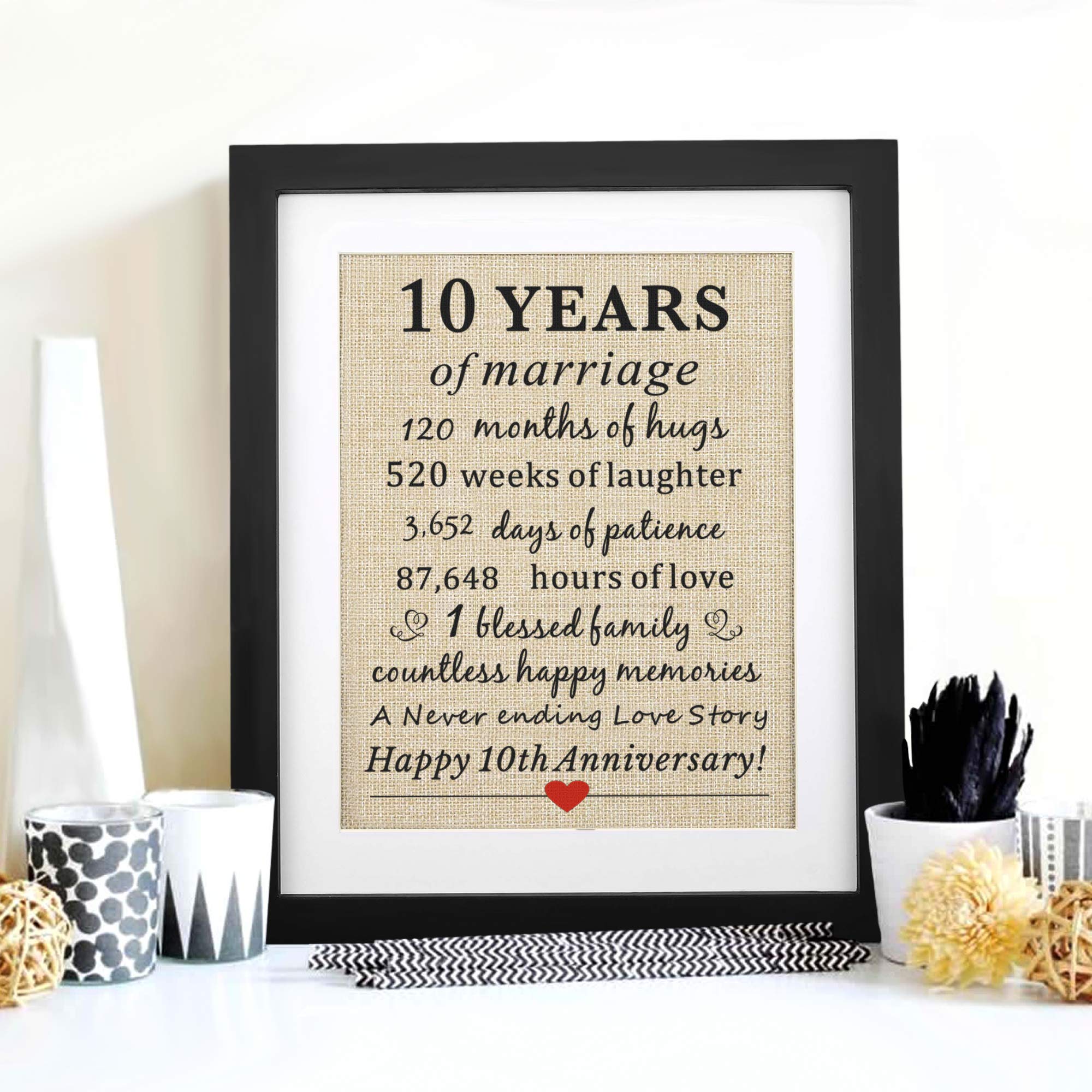 Corfara Framed 10Th Wedding Anniversary Burlap Gift 11'' W X 13'' H, Couples 10Th Anniversary 10 Years Of Marriage Gift For Wife