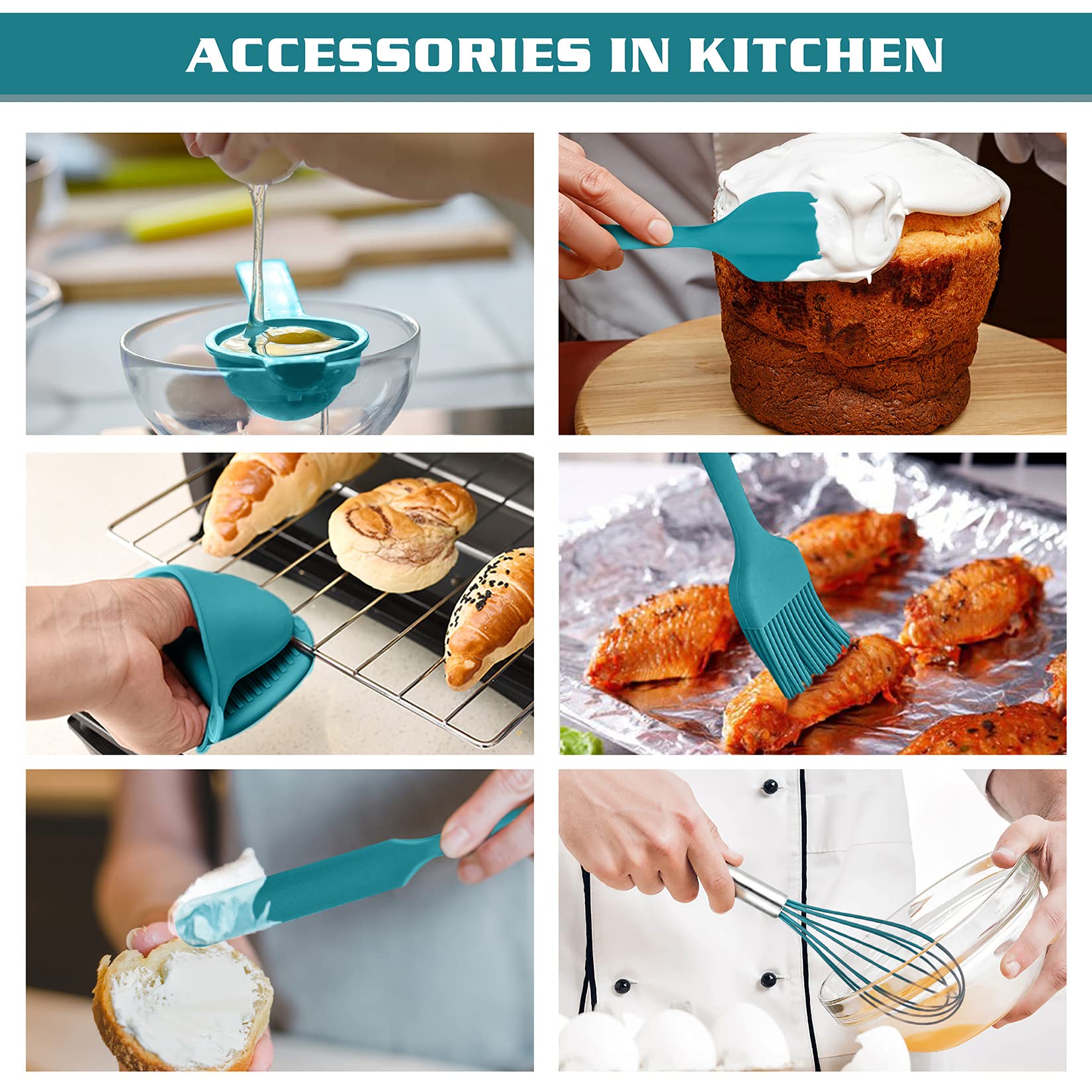 Kitchen Cooking Utensils Set, P&P Chef Blue Silicone Baking Utensils For Non-Stick Cookware, Turner, Ladle, Spoon, Spatula For S