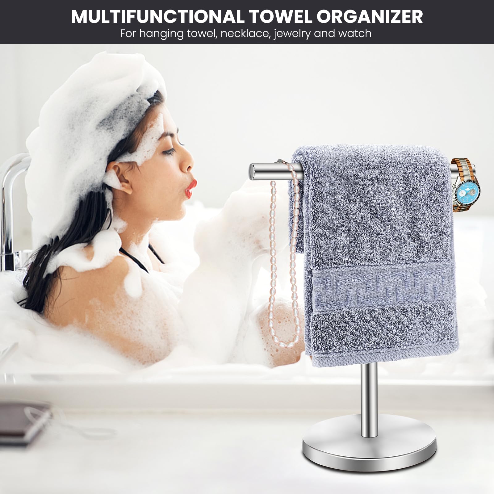 Zitalupy T-Shape Bath Hand Towel Holder Stand, Stainless Steel Free Standing Hand Towel Rack With Heavy Base, For Bathroom Kitch