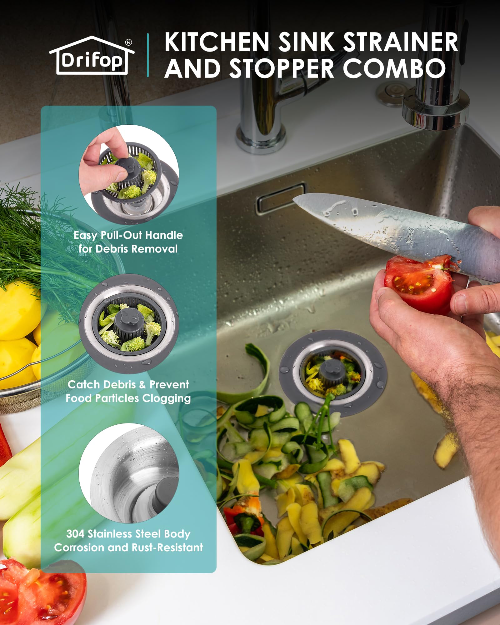 Drifop 3 In 1 Kitchen Sink Stopper And Strainer Combo, Pop Up Stainless Steel Kitchen Drain Strainer, Anti-Clogging Sink Straine