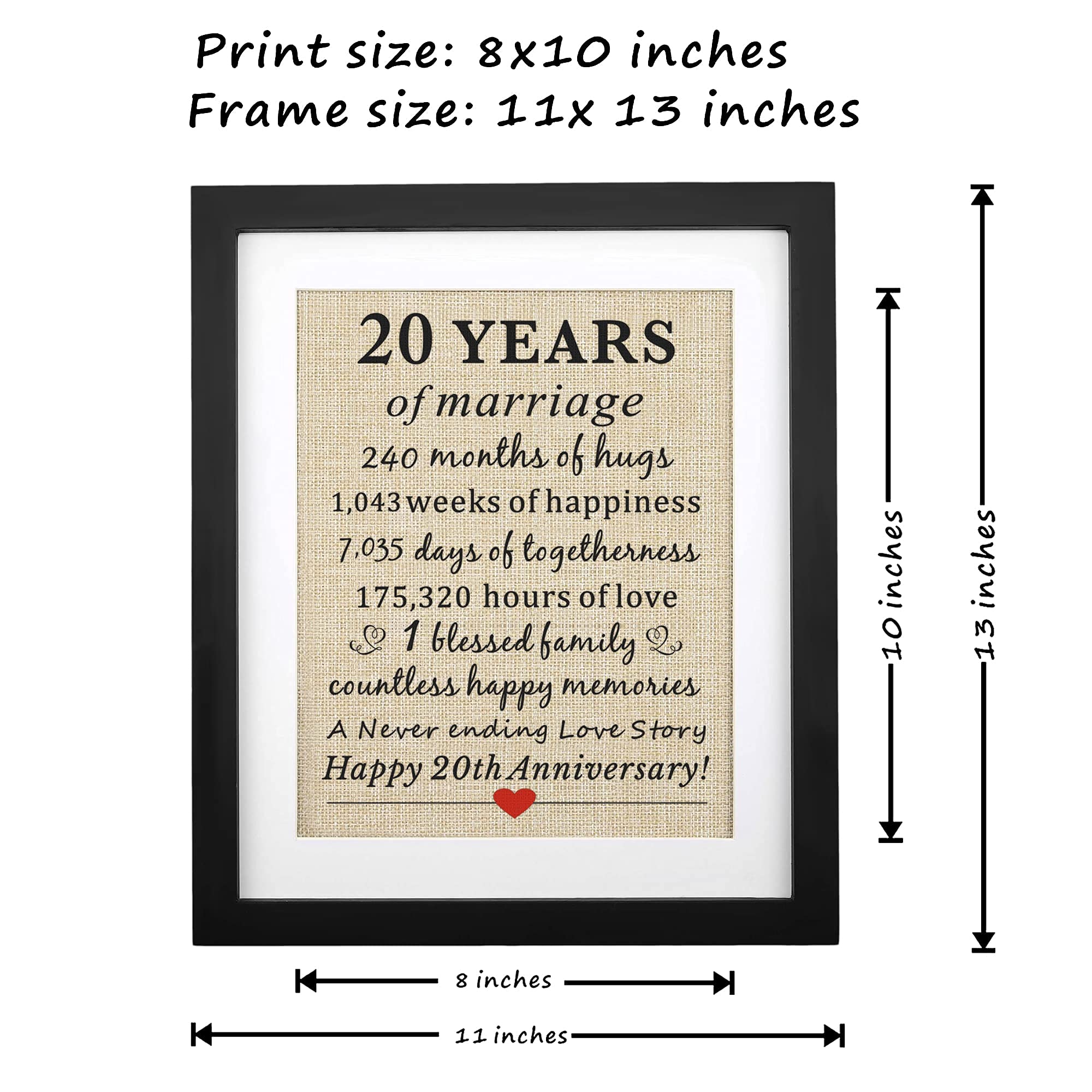Corfara Framed 20 Years Of Marriage Burlap Print Gifts For 20Th Anniversary For Him Her 20Th Wedding Anniversary For Husband Wif