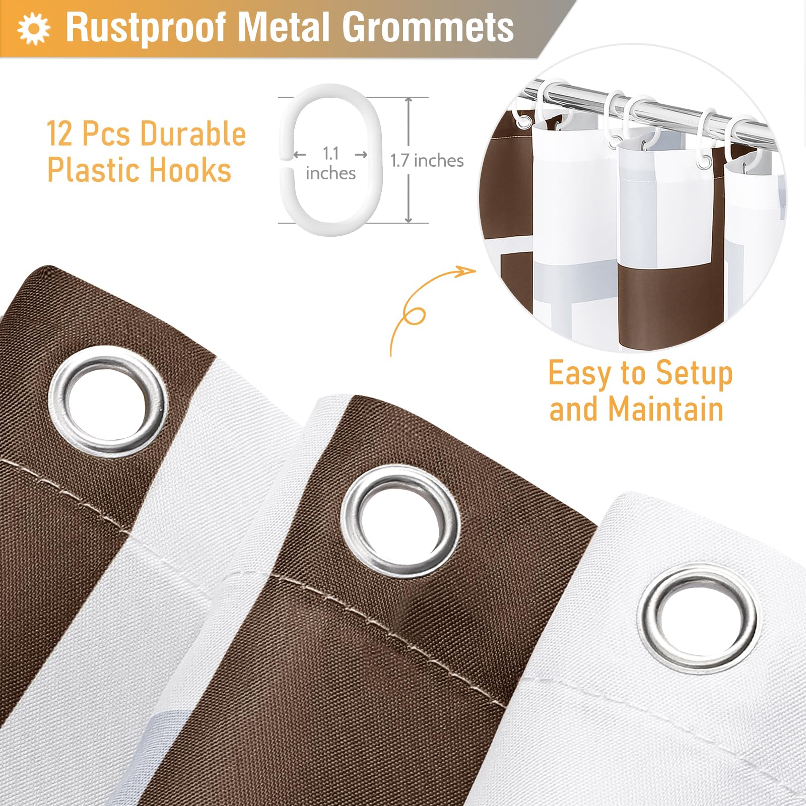 BTTN Extra Long Fabric Shower Curtain - 72x84 Inches Long Geometric Fabric Shower Curtain Set with 12 Plastic Hooks  Large Modern Water-Repellent Polyester Cloth Shower Curtains for Bathroom - Brown