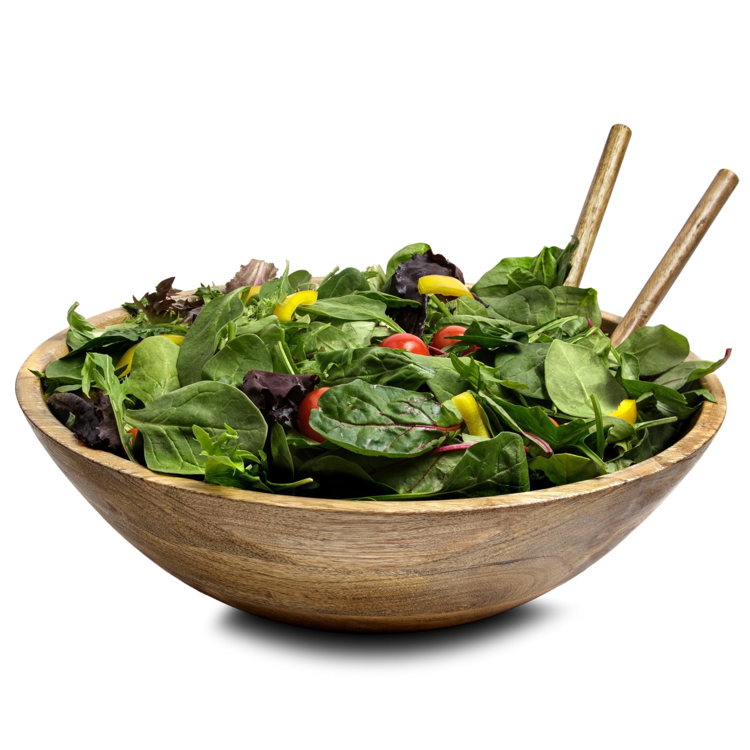 Fairwood Way Wood Salad Bowl Set - 15 Inch Extra Large Wooden Salad Bowl With Serving Utensils - Mango Wood Serving Bowl With Sa