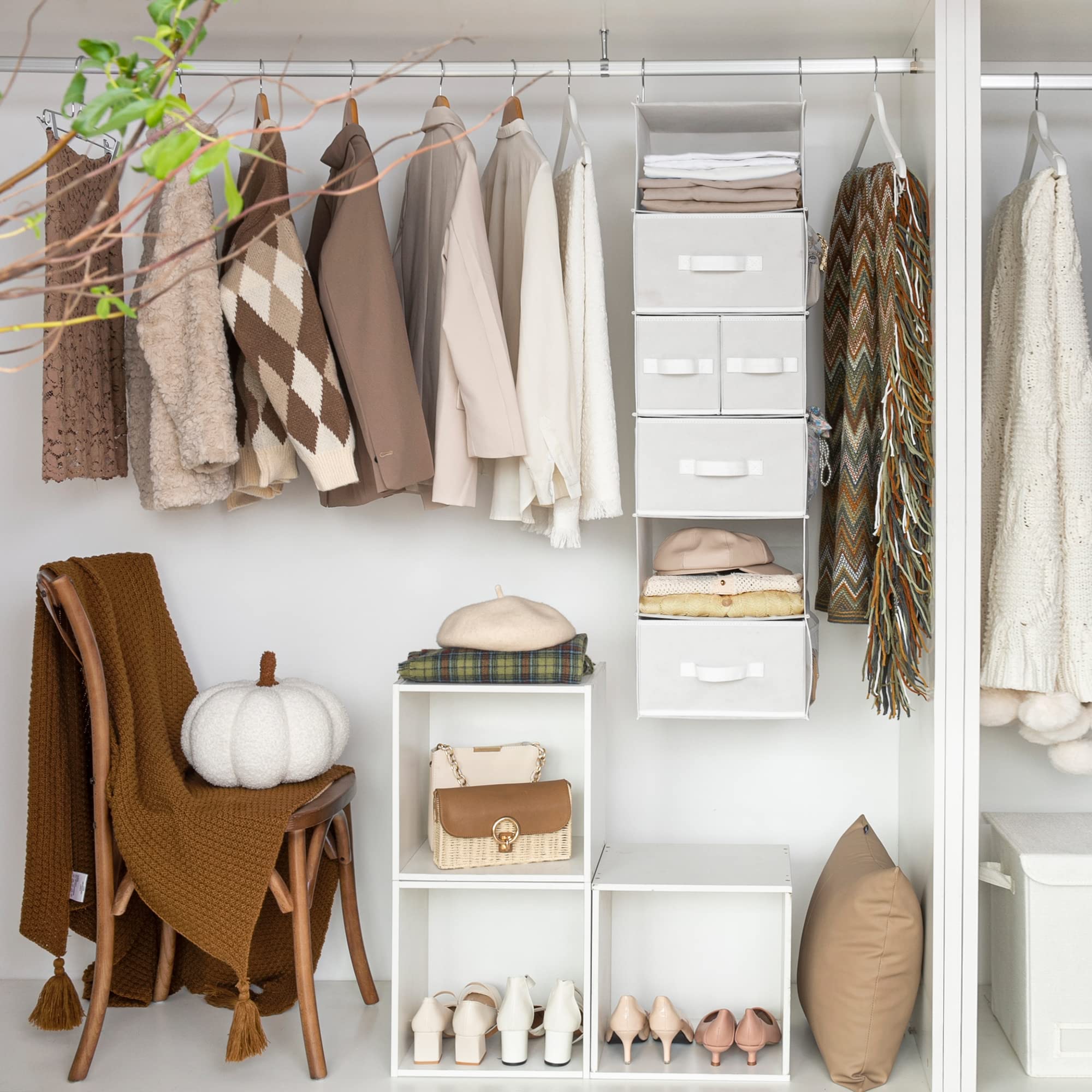 GRANNY SAYS Hanging Closet Organizer and Storage  6 Shelf Clothes Organization with Drawers  6 Side Pockets Closet Hanging Shelves for Bras  Socks  Underwear  Nursery Room  Wardrobe  White  1-Pack