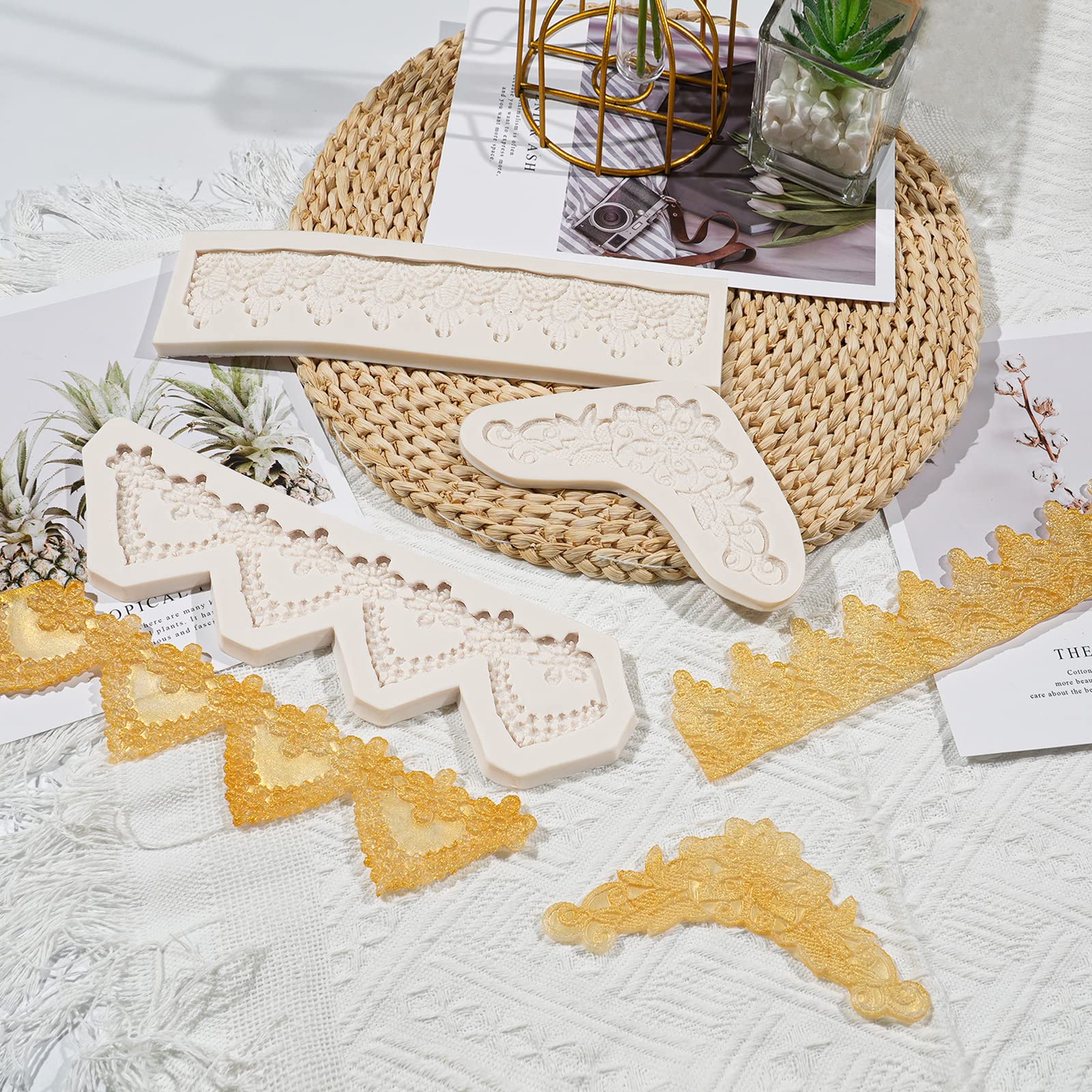 Lace Fondant Mold Set Of 3, Edible Lace Border Cake Decorating Imprint Mat Silicone Molds For Wedding, Valentine'S Day, Chocolat