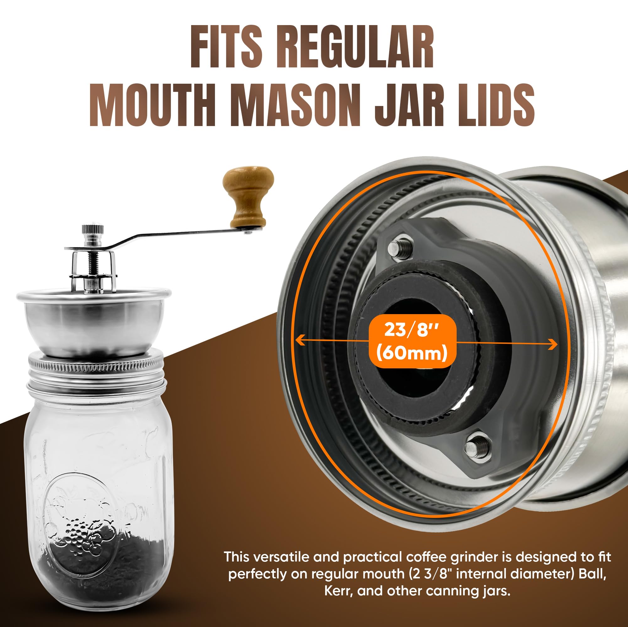 Stainless Steel Coffee Grinder Lid Attachment For Regular Mouth Mason Jars - Manual Crank Burr Grinder For Fresh Coffee, Ideal F