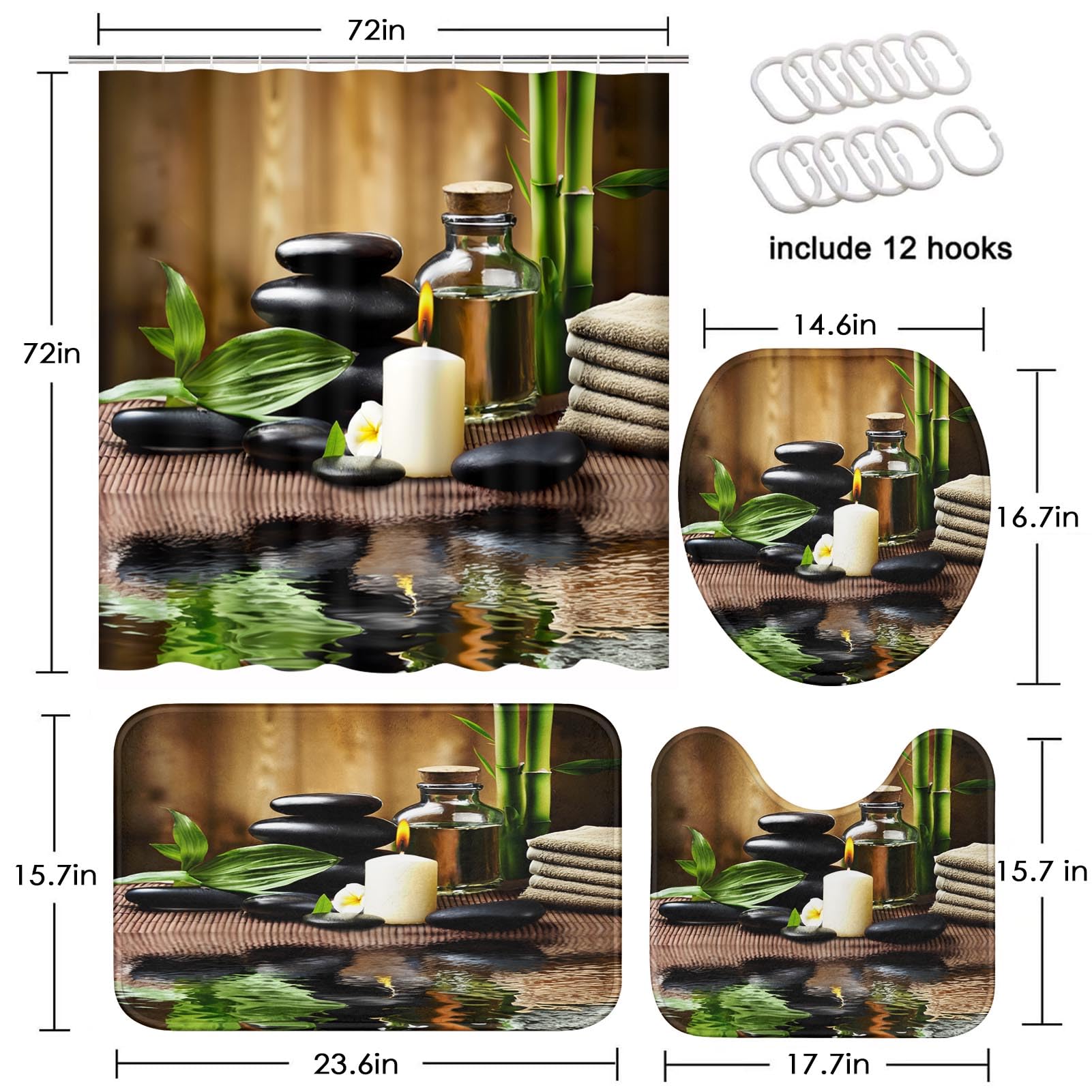 ArtSocket 4 Pcs Shower Curtain Set Stones spa Oil Wood Massage Relax Candle ayurvedic Water Bamboo Green with Non-Slip Rugs Toilet Lid Cover and Bath Mat Bathroom Decor Set 72 '' x 72 ''