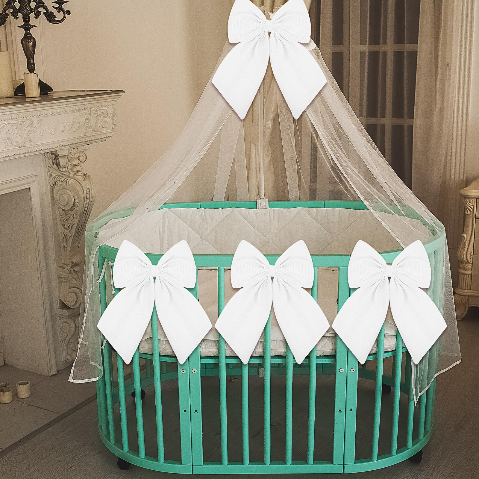 Riceshoot 4 Pcs Large Crib Bows 11 x 16 inch Coquette Bow Decorations for Nursery Crib Canopy Bed Large Bow Room Nursery Decor I