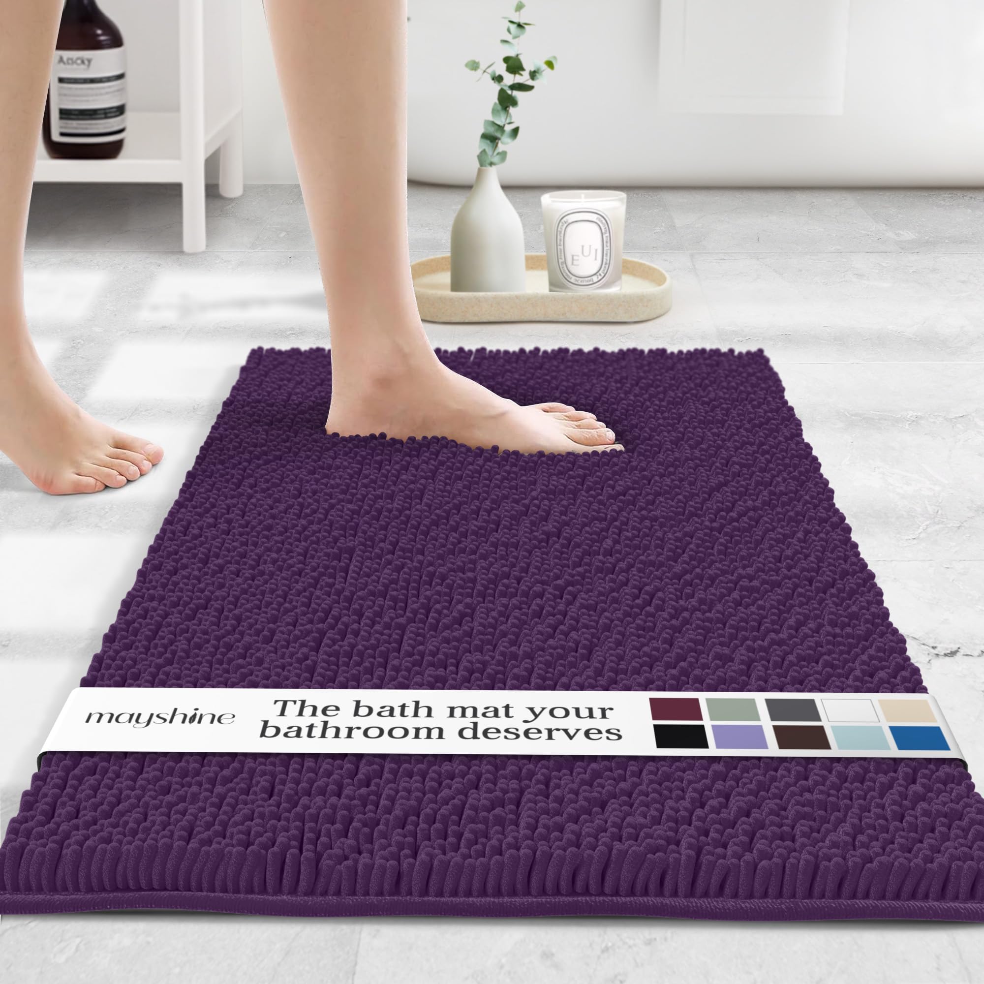 Soft Plush Chenille Bathroom Rug  Absorbent Microfiber Bath Mat  Machine Washable  Non-Slip Grip  Quick-Dry  Thick Shag Carpet Great for Bath  Shower Floor  Bedroom  or Door Mat (Plum  20x32)