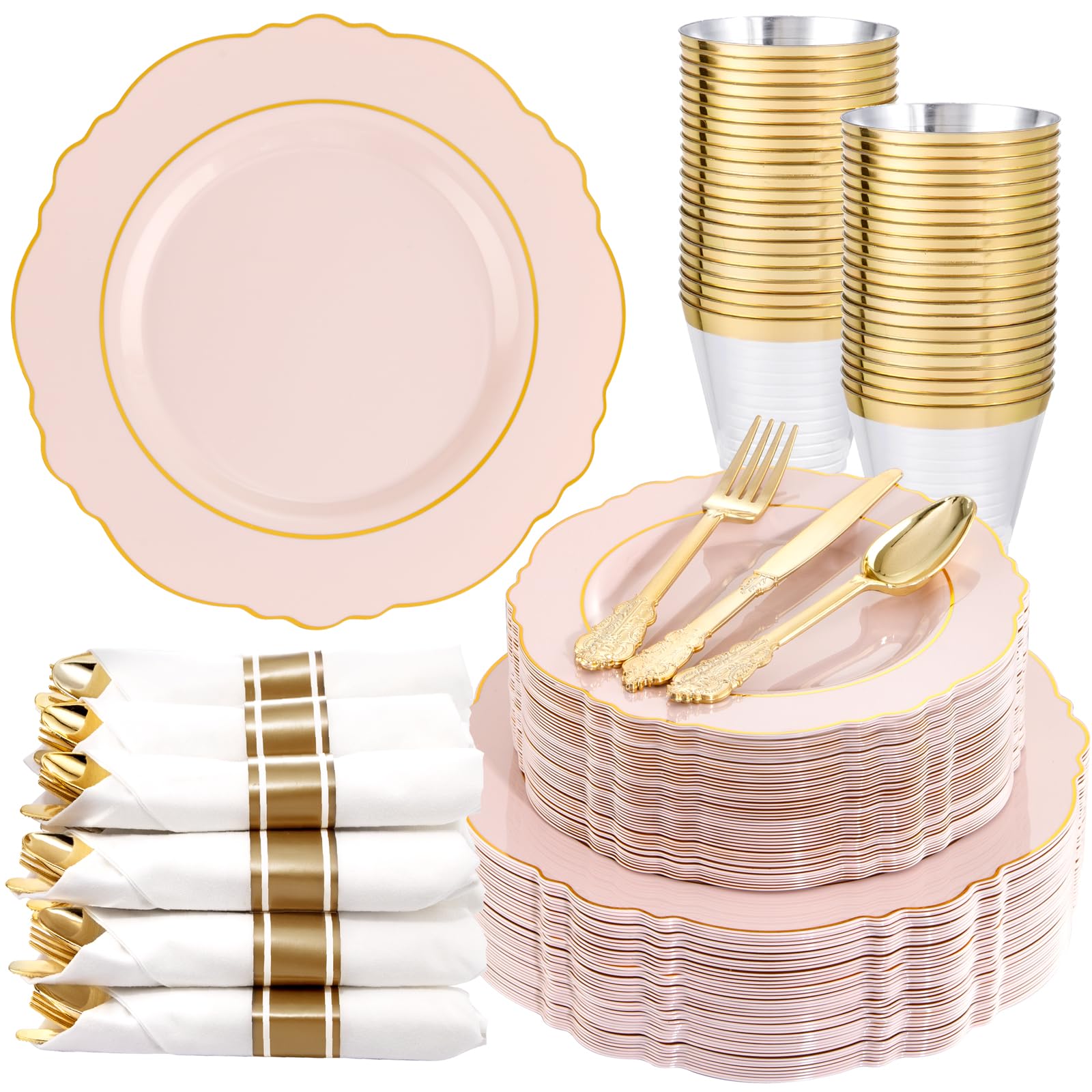 Liacere 350Pcs Pink Plates Disposable - Pink And Gold Plates 50Guest Baroque Plastic Dinnerware Include 100Plates, 50Pack Pre Ro
